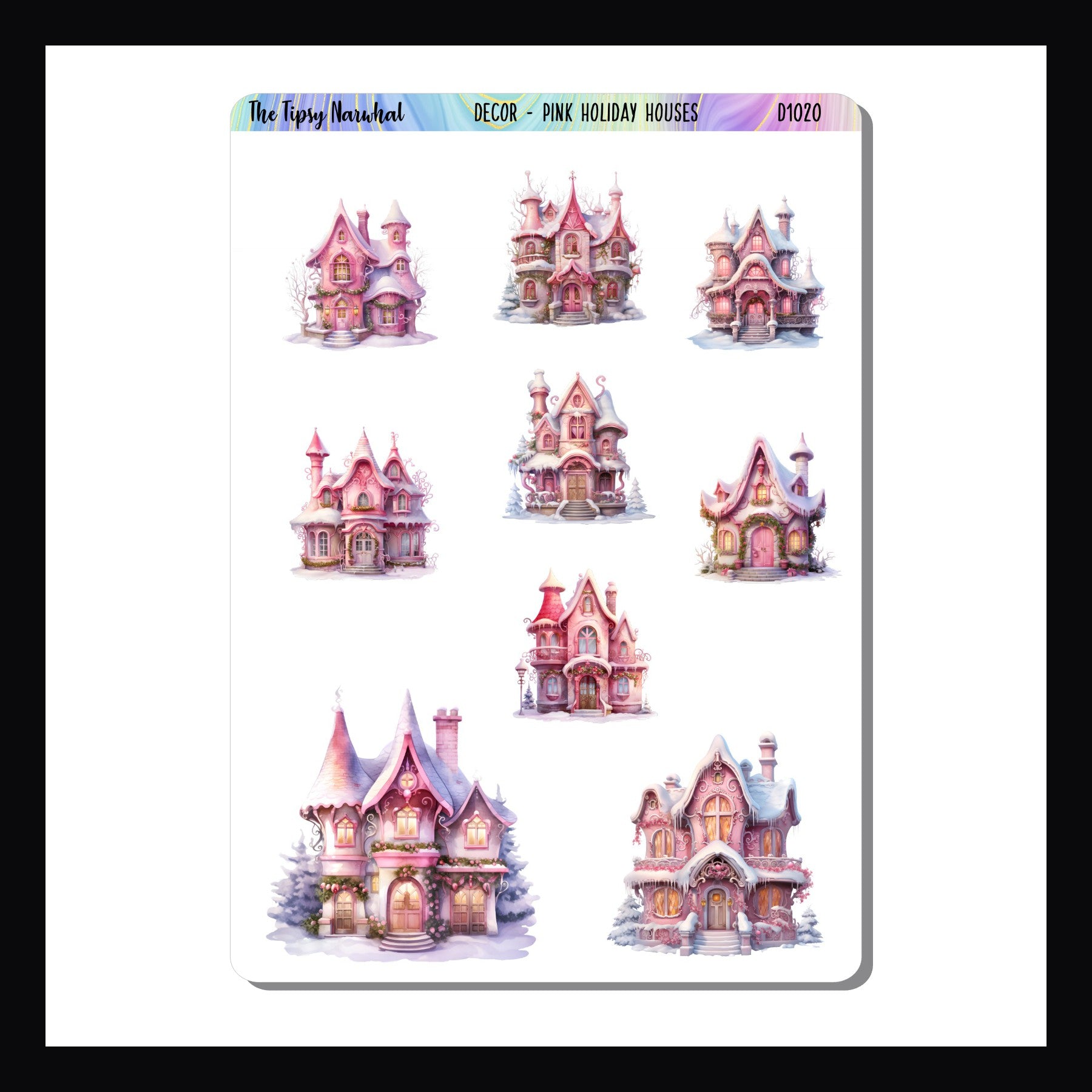 Pink Holiday Houses Decor sheet features 9 holiday themed homes with pink decor.