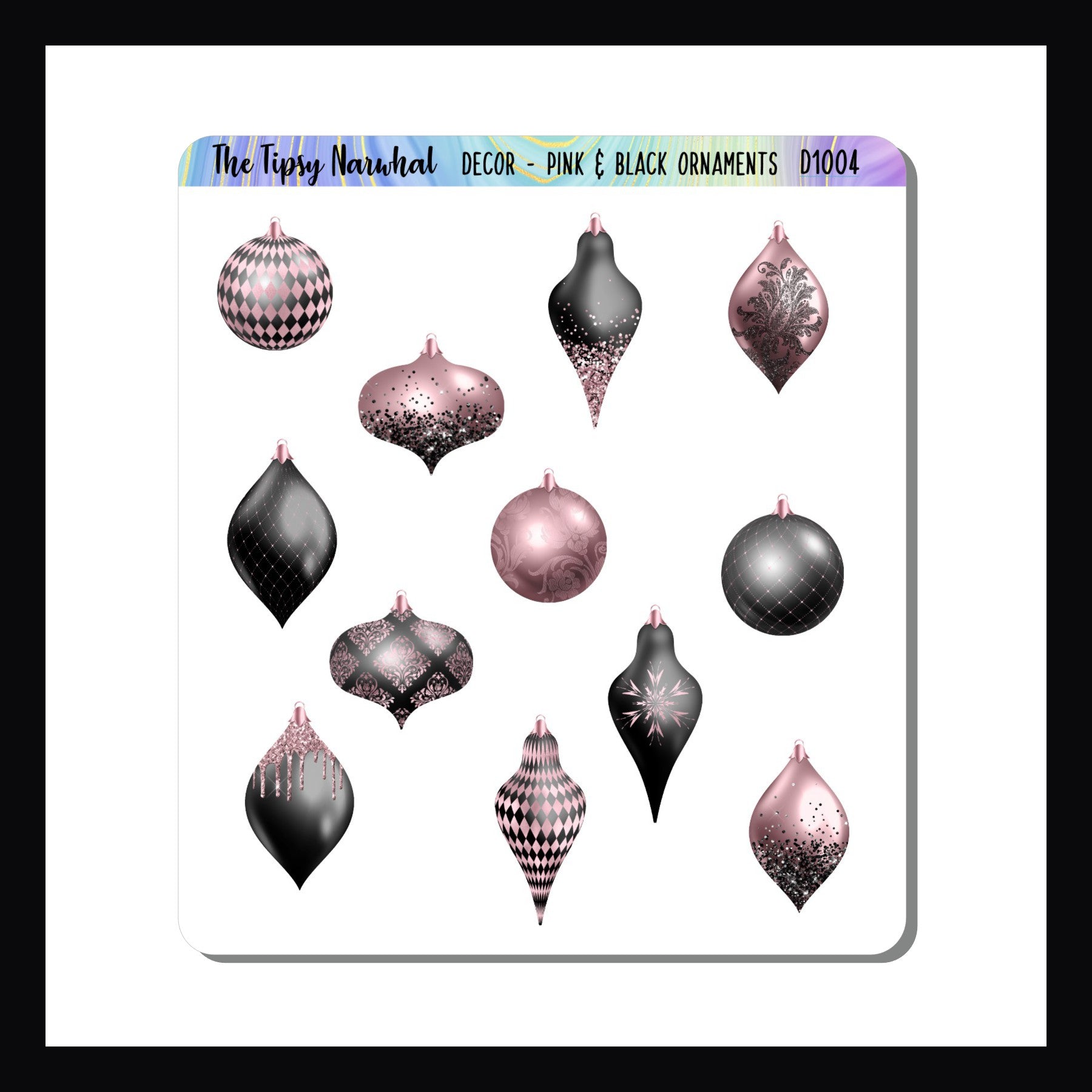 Pink and Black Christmas ornament sticker sheet, holiday ornaments, holiday stickers, christmas ornaments, christmas stickers, bulbs, baubbles, glitter, pink, black, glam