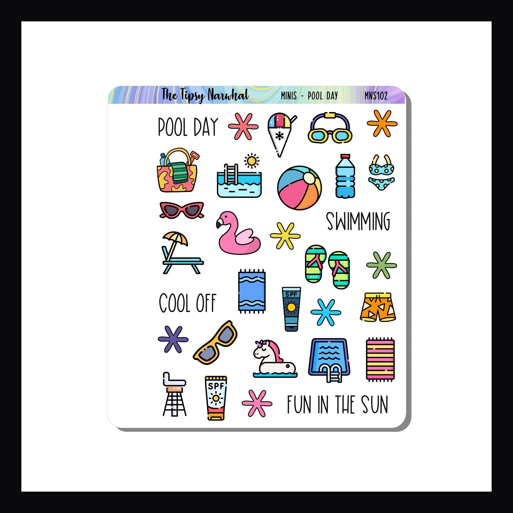 Mini Icon Sheets Pool Day is a 3.5 x 4 inch sheet of  small icon stickers.  These  pool themed stickers will work in small format planners, monthly layouts, wall calendars and more.