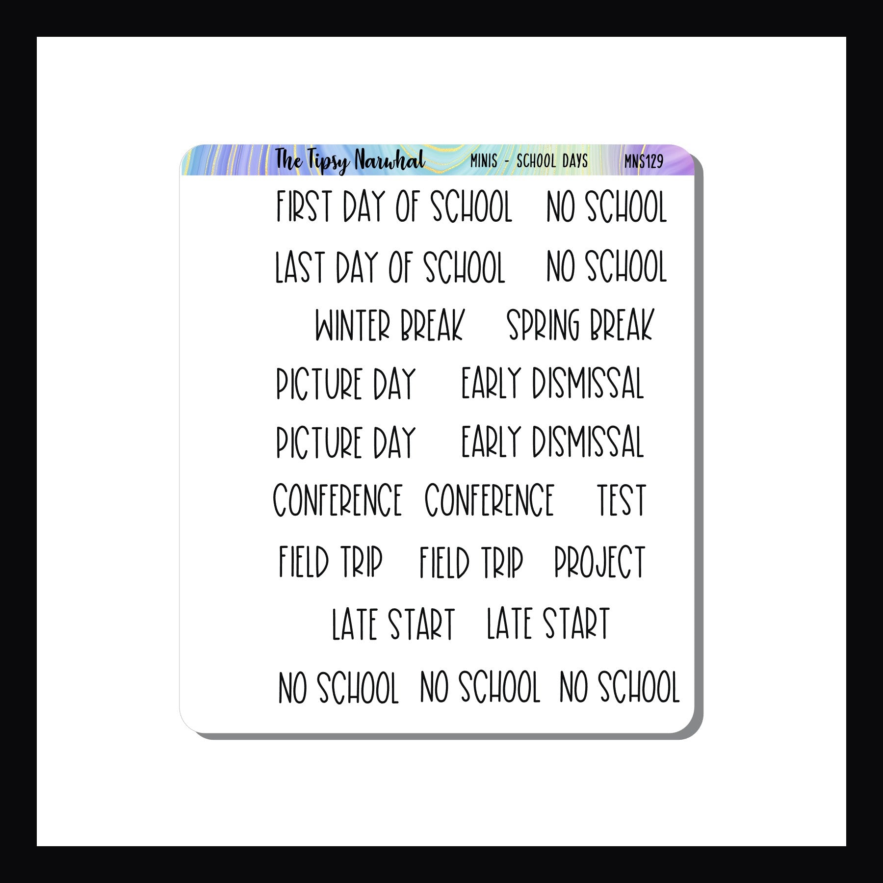Mini Icon Sheets School Days is a small format sticker sheet featuring important school dates such as picture days, conference, field trips and more.