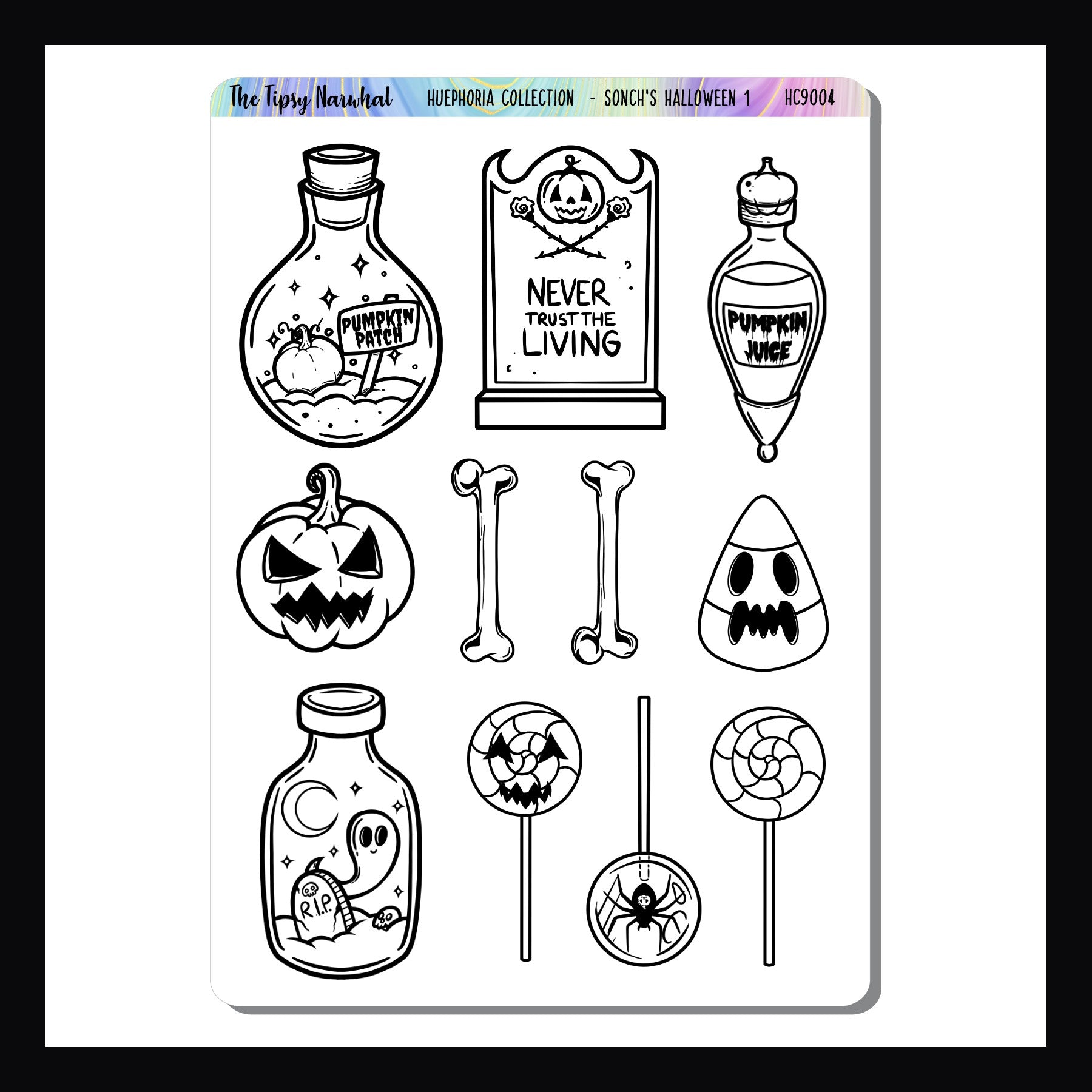 Sonch's Halloween 1 sticker sheet is a collection of coloring stickers featuring designs from the popular artist.  Part of the Huephoria Sticker Collection.