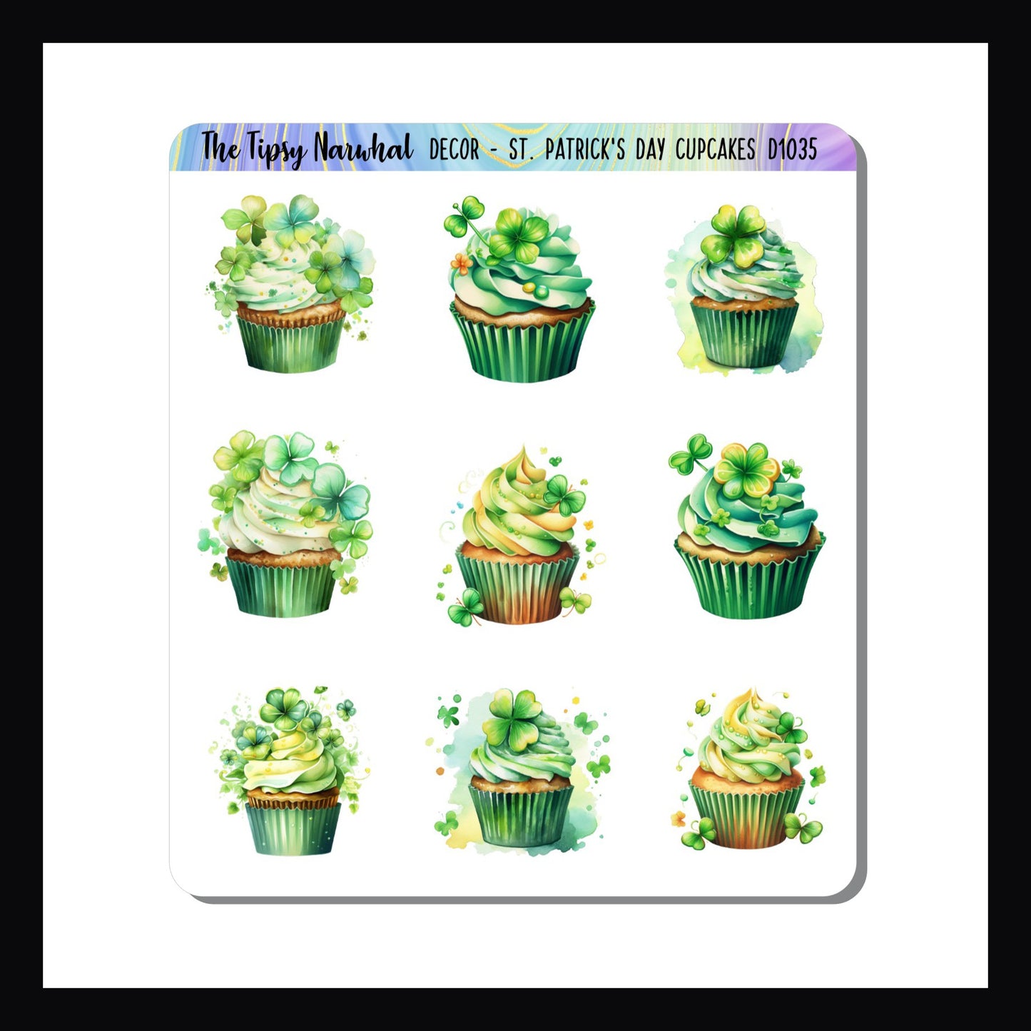 St Patrick's Day Cupcakes Decor Sheet features 9 different cupcake stickers. Each cupcake decorated in green frosting with various 4 leaf clovers.