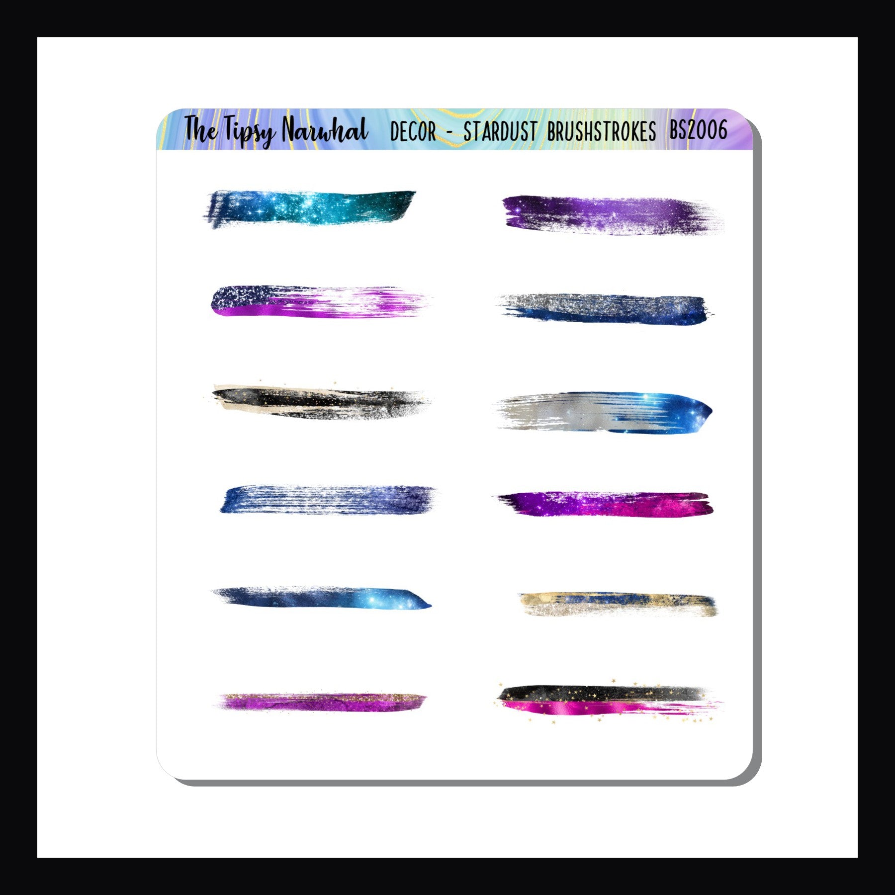 The Stardust Brushstrokes sticker sheet features 12 brushstroke style stickers. Each unique design features a galaxy or metallic theme.