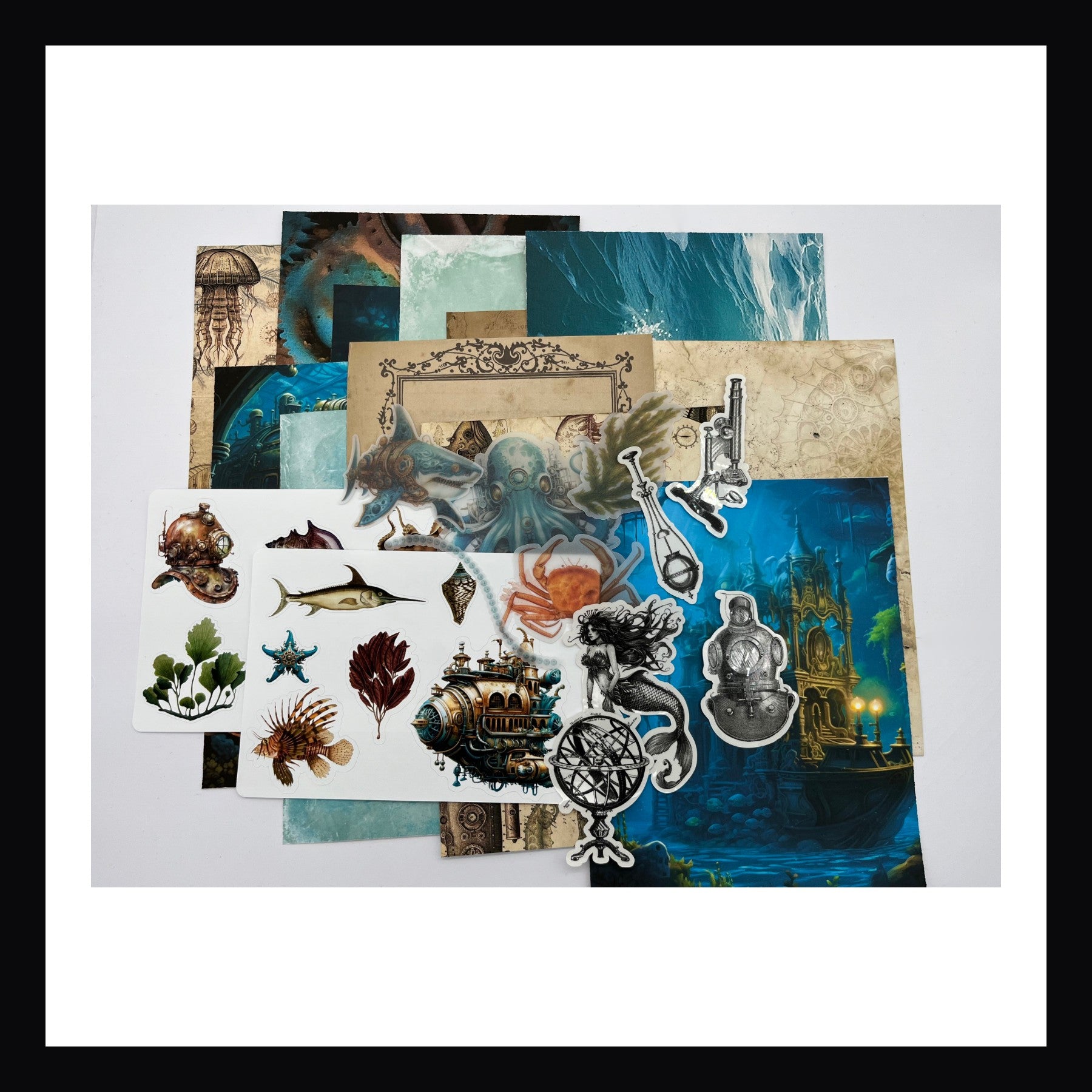 Steampunk Ocean Junk Journaling Kit is a large scrapbooking/journaling kit featuring 12 double sided papers, 2 5x7 inch sticker sheets, vellum accent pieces and 5 clear black and white stickers. Features a deep nautical steampunk theme.