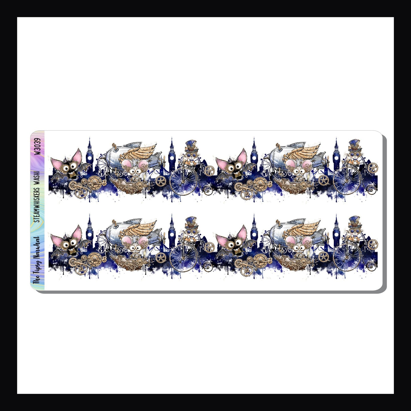 Steamwhiskers Washi Sheet contains two strips of fancy cut washi each approximately 6 inches in length. Washi features a collection of adorable animals and their various steampunk inventions.