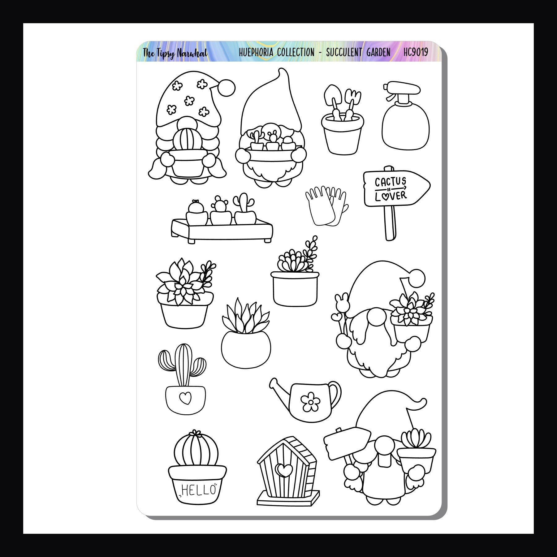 Succulent Garden Huephoria Stickers is a 4.5 x 7 inch sticker sheet featuring a collection of succulent cultivating gnomes.  These adorable garden gnomes are designed to be colored in with your favorite crayons, colored pencils, or markers to create a custom sheet of stickers to be used as you see fit.