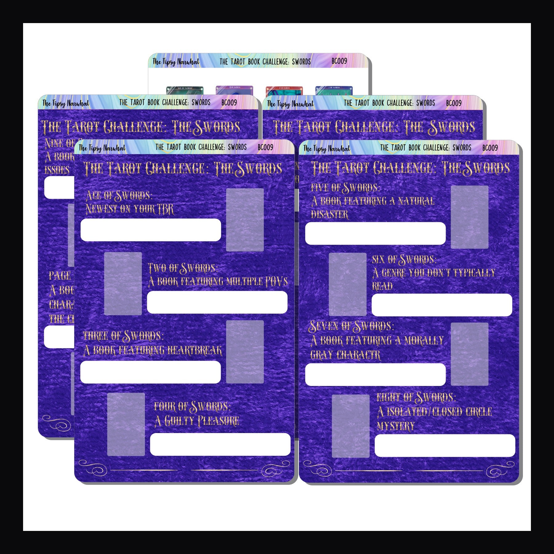 The Tarot Book Challenge: Swords is an extension of the Tarot Book Challenge.  It is a 5 page sticker kit featuring a book prompt for each of the 14 cards in the Swords suit.