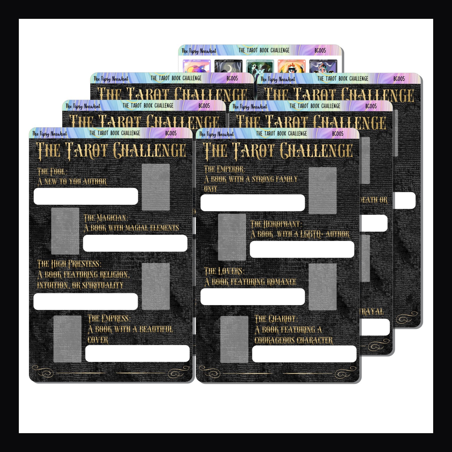 The Tarot Book Challenge is large reading challenge with prompts for 22 books each representing a card in the Major Arcana of a Tarot Deck.  It is a 7 page sticker kit with 6 tracking pages and 1 additional page featuring a sticker depicting each card.