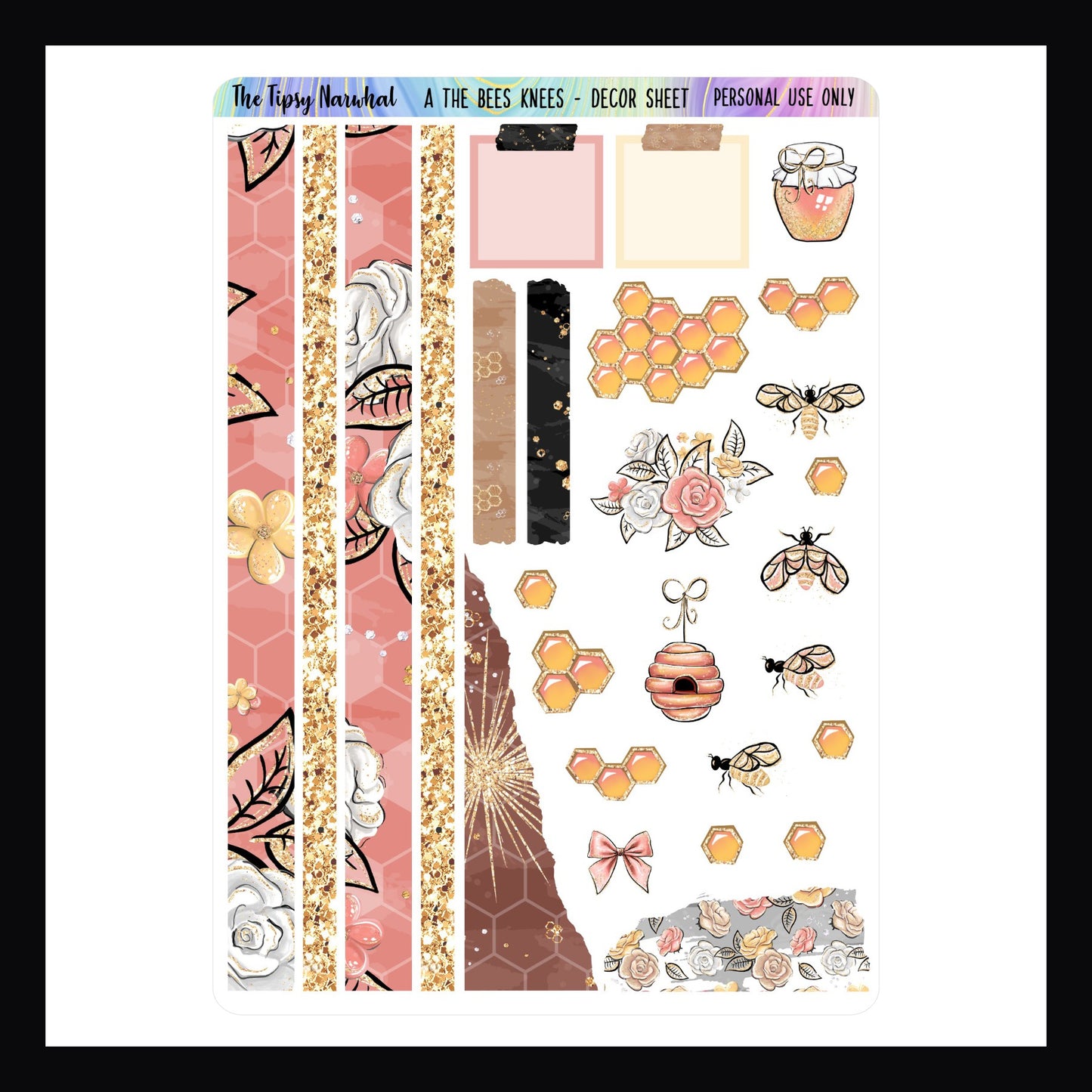 Digital The Bees Knees Decor Sheet is a digital printable version of The Bees Knees Decor. This honey bee themed sticker sheet features several washi strips, some torn stickers and decorative elements.