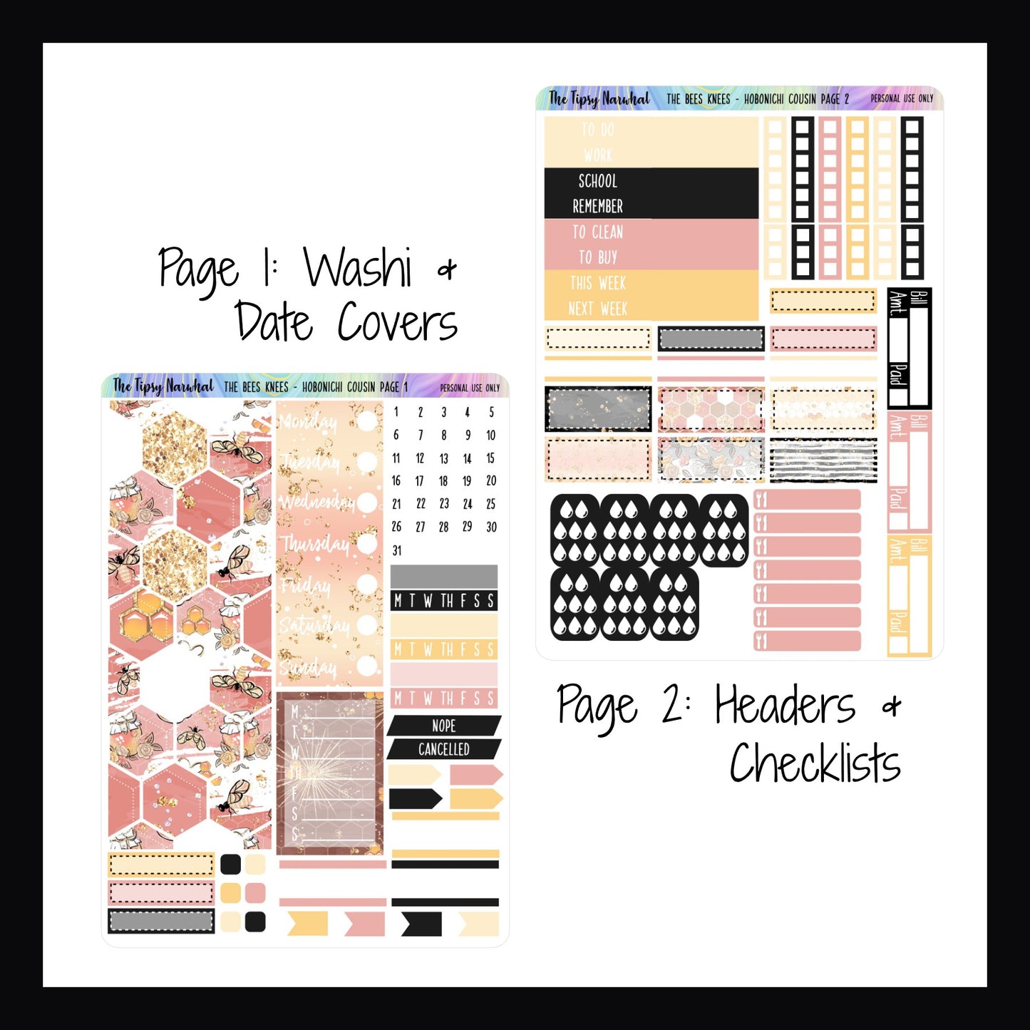 Digital The Bees Knees Hobonichi Cousin Kit pages 1 and 2. Page 1 features washi, date covers, habit trackers, appointment stickers and flag stickers. Page 2 features headers, checklists, appointment stickers as well as stickers for meal, water intake and bill tracking.