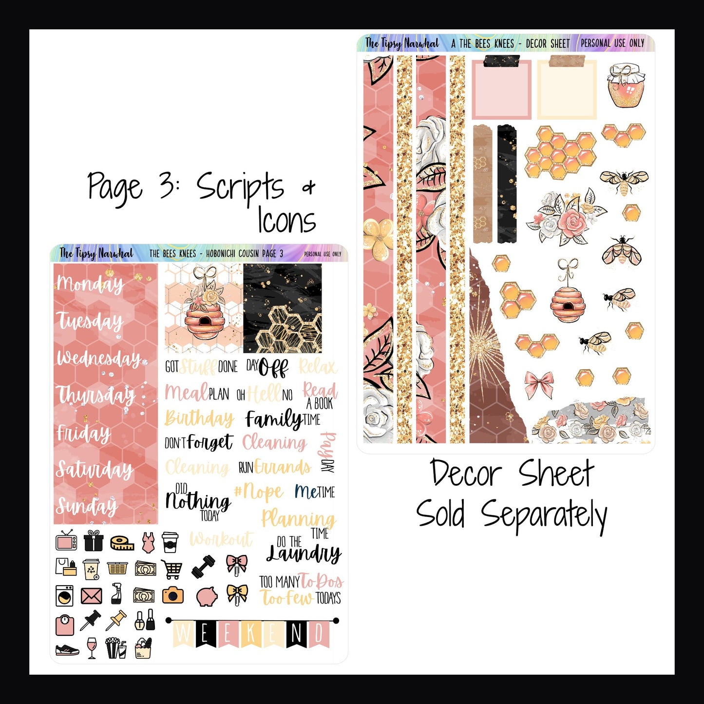 Digital The Bees Knees Hobonichi Cousin Kit Page 3 and Decor Sheet. Page 3 features additional date covers, decor boxes, script stickers, daily icon stickers as well as a weekend banner. The decor sheet is sold separately.