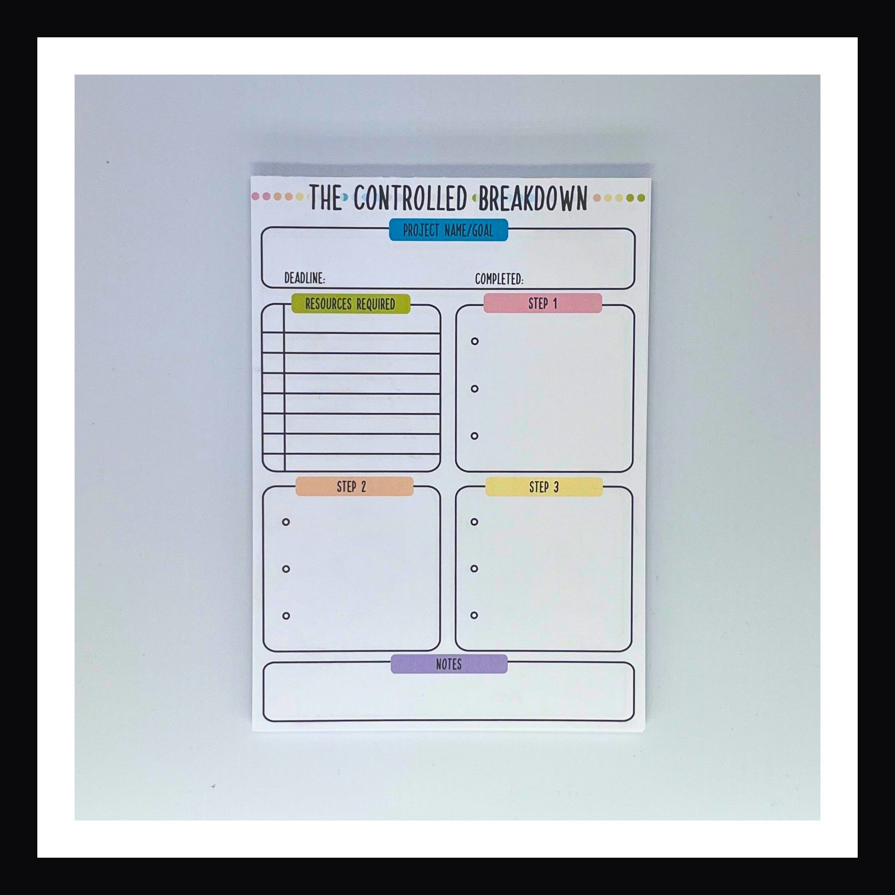 The Controlled Breakdown Notepad is a 5x7 tear-away style notepad.  It features a thick chipboard back and 25 premium 120 gsm pages.  Featuring a design that helps break down any task or project into 3 smaller steps.