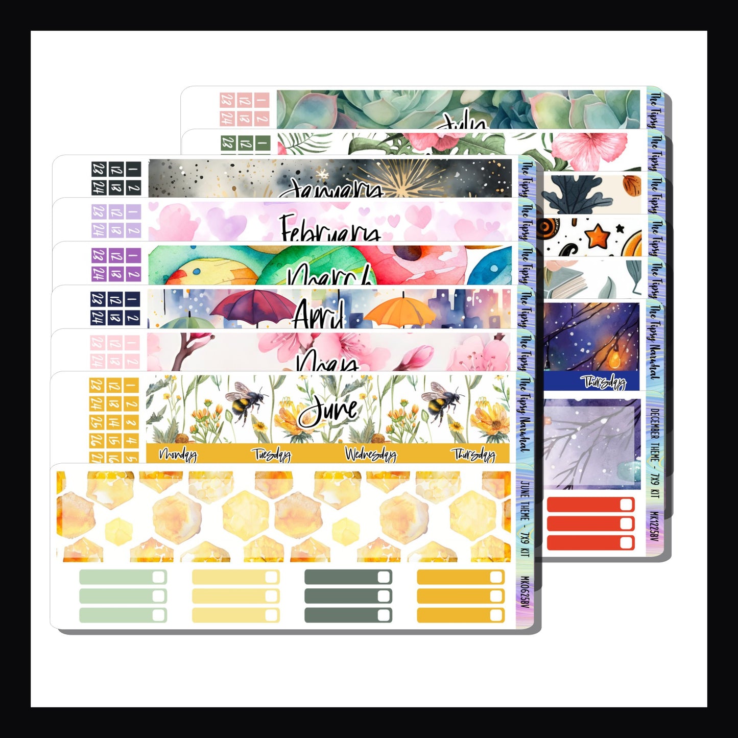 2025 Themed Monthly Kits for 7x9 Vertical Planners is a collection of 12 sticker kits sized to fit the monthly layout of most 7x9 vertical style planners. Each month features a different theme and color palette. They are available individually or as a set of 12.