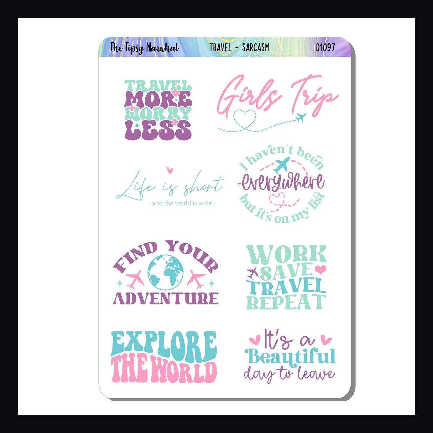 Travel Sarcasm & Quotes Sheet is a 3.5 x 5" sticker sheet filled with 8 colorful quote stickers about traveling. Designed to coordinate with the Leaving on a Jet Plane weekly Kits.