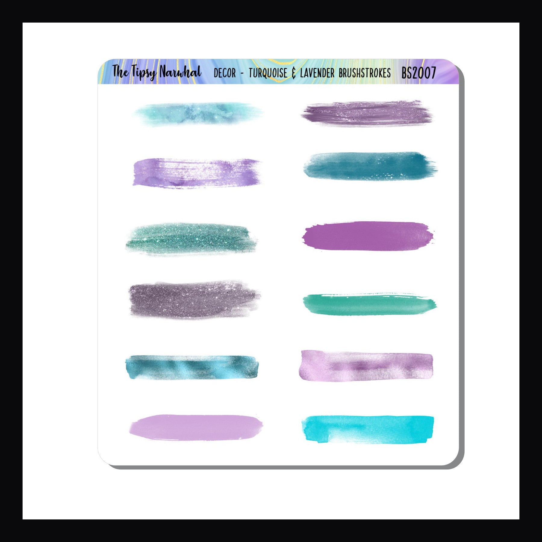 The Turquoise & Lavender Brushstroke sheet features 12 brushstroke style stickers.  Each unique sticker features a metallic, glitter or matte hue of lavender or turquoise.