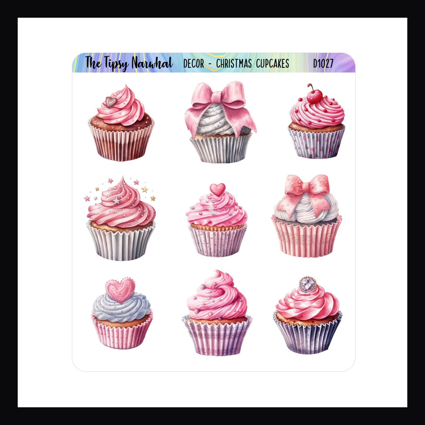 Valentine Cupcakes Decor Sheet. Set of 9 Valentine themed cupcake stickers. Perfect for use in planners and journals