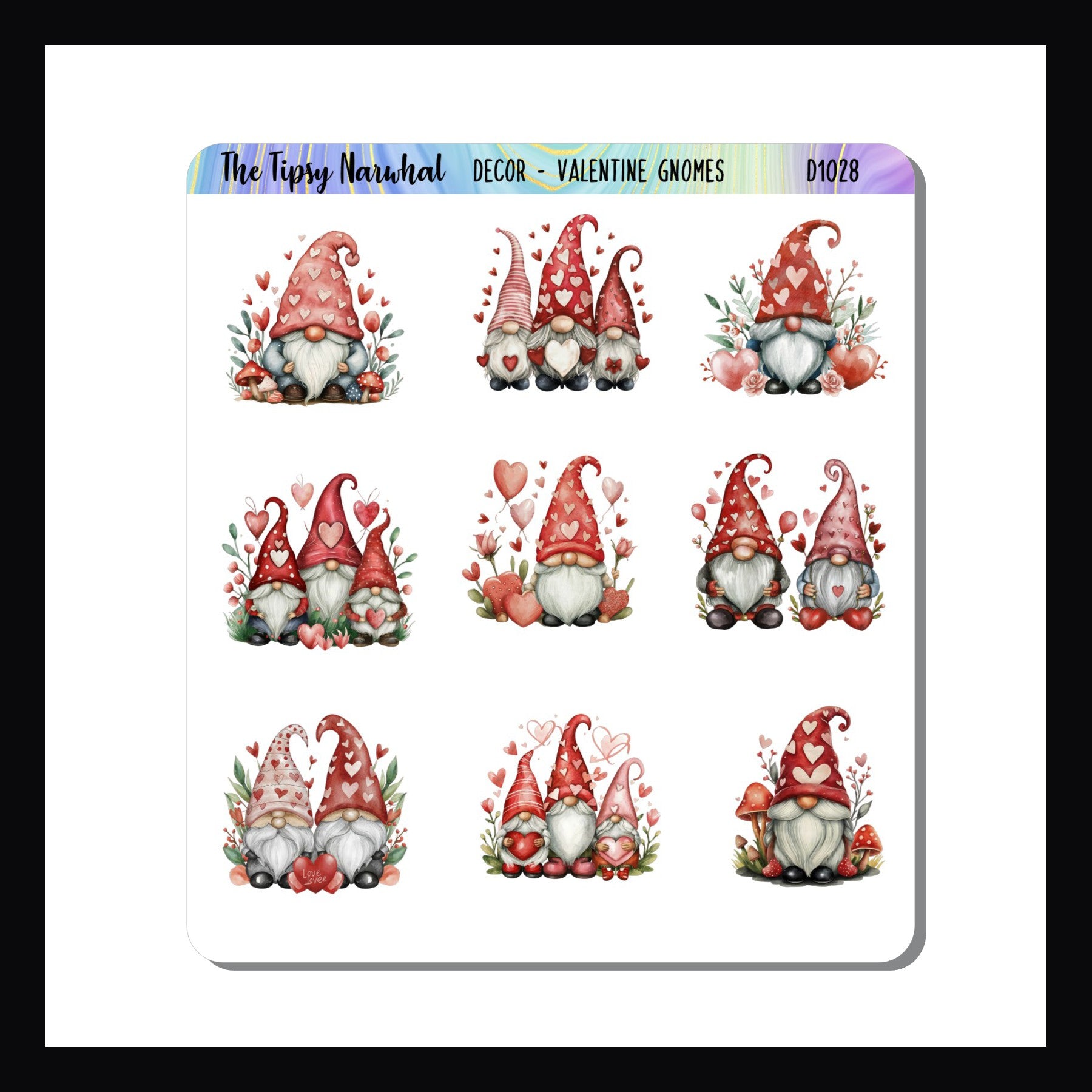 Valentine Gnomes Decor Sheet.  Set of 9 gnome stickers.  Gnomes dressed ready for Valentines day with hearts, balloons and flowers.