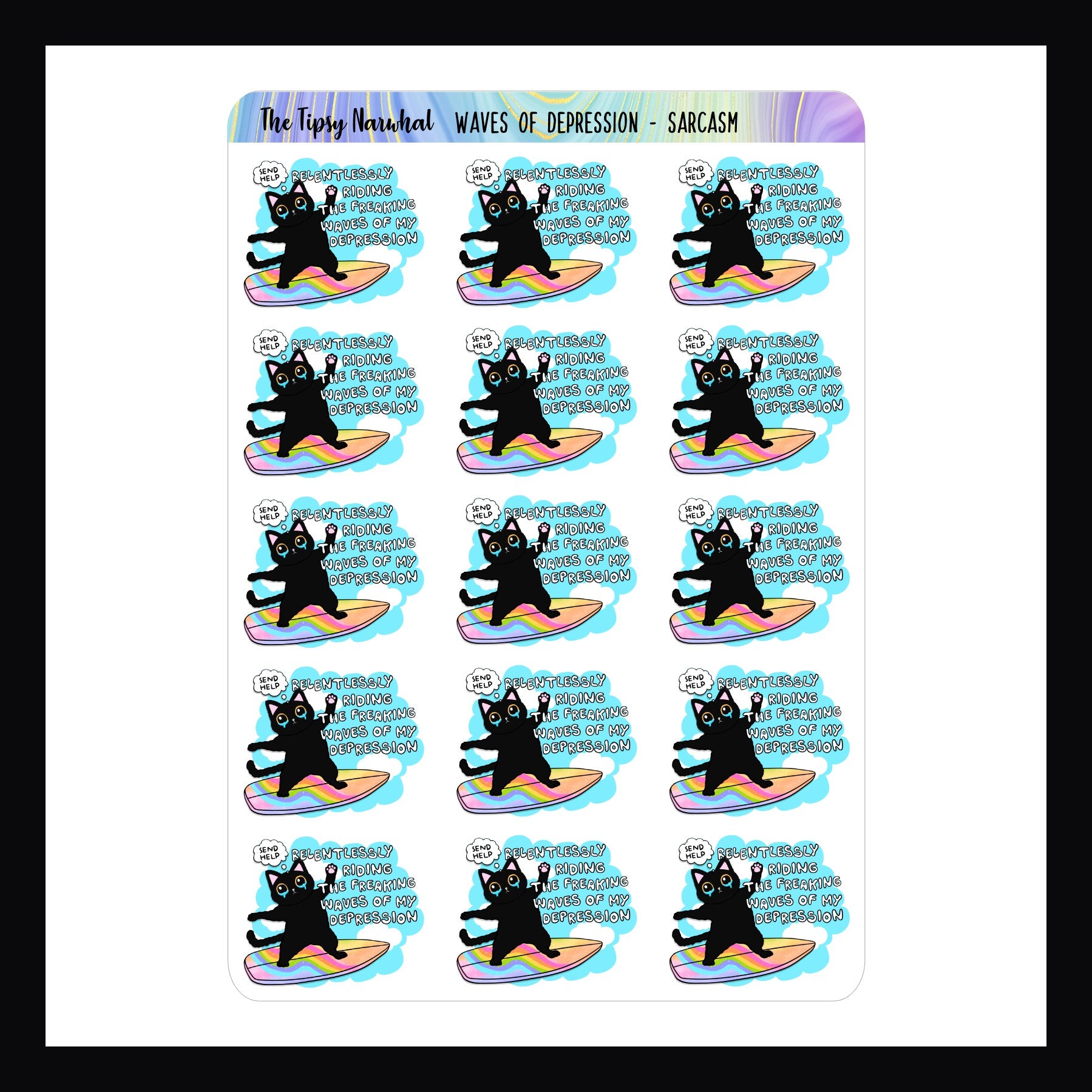 Waves of Depression Sarcasm Stickers read "relentlessly riding the freaking waves of my depression"