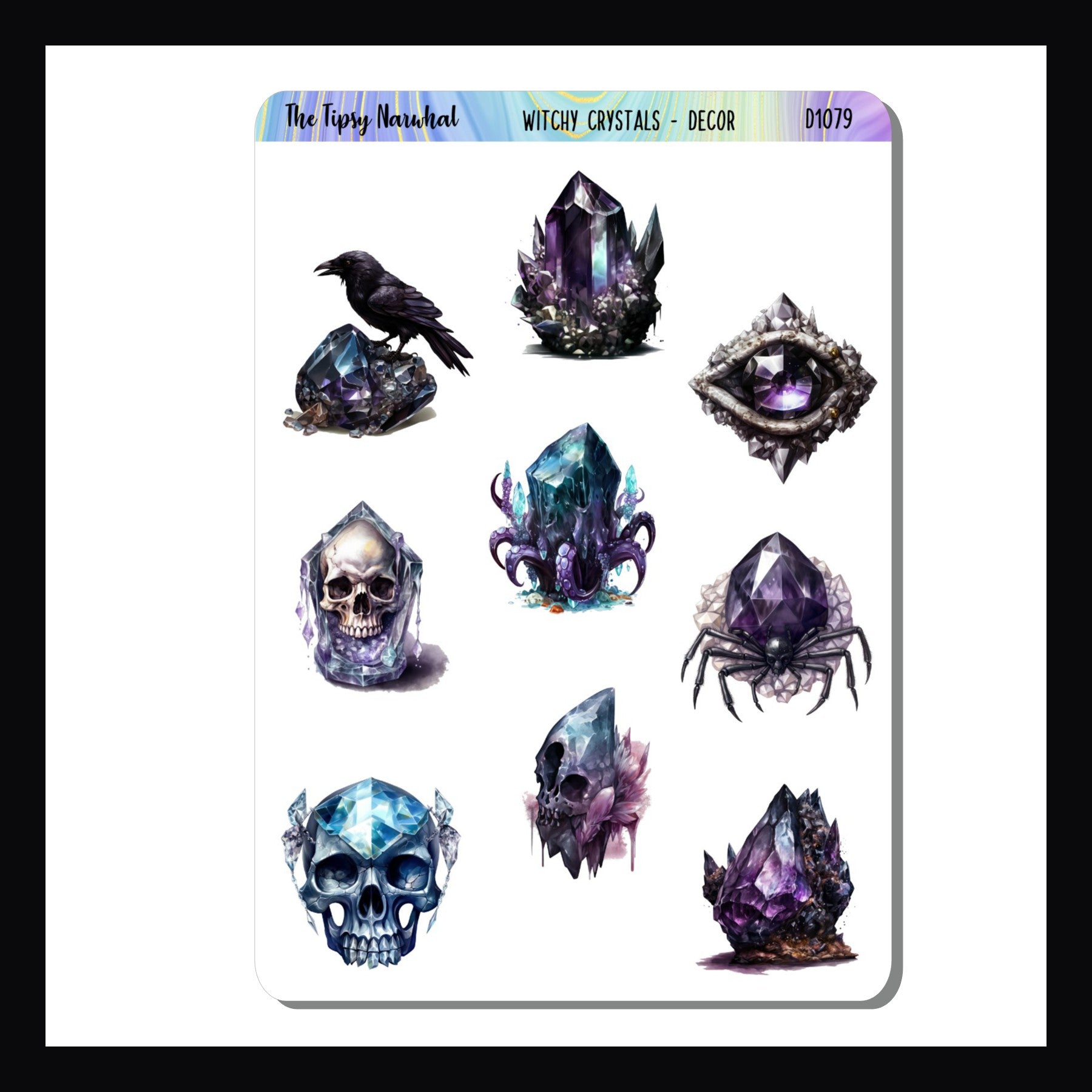 Witchy Crystals Decor Sheet is a 3.5 x 5 inch sticker sheet featuring 9 spooky crystals with a witchy theme.  Each sticker is unique in design and size.