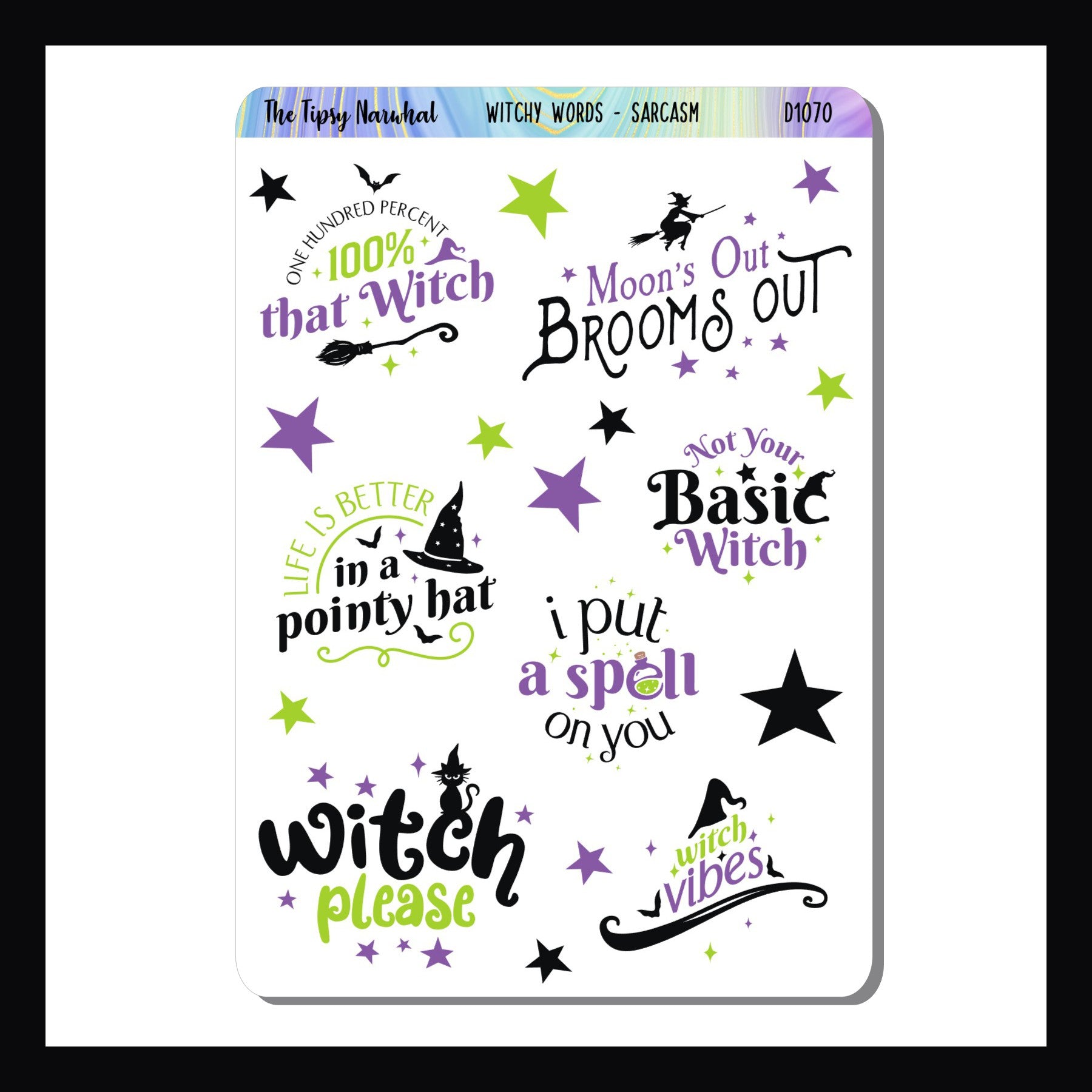 Witchy Words Sarcasm & Quote Sheet is a 3.5 x 5 inch sticker sheet.  It features 7 humorous stickers about magic and witches.  Features a purple, green and black color palette.