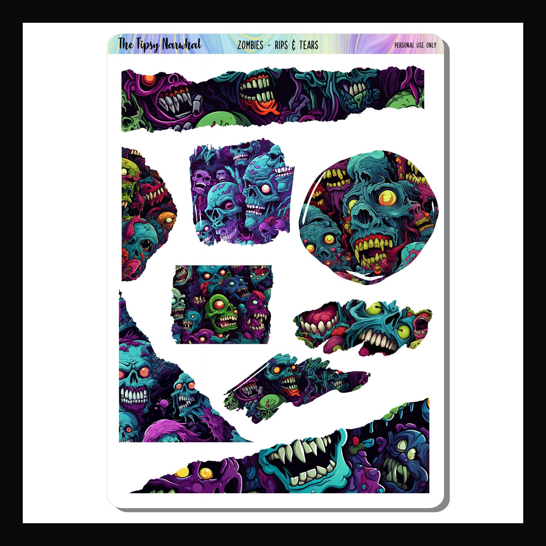 Zombies Rips and Tears Sheet,  Zombie stickers, monster stickers, horror stickers, halloween stickers, ripped pages stickers, torn paper stickers, brushstroke stickers, corner stickers, brightly colored