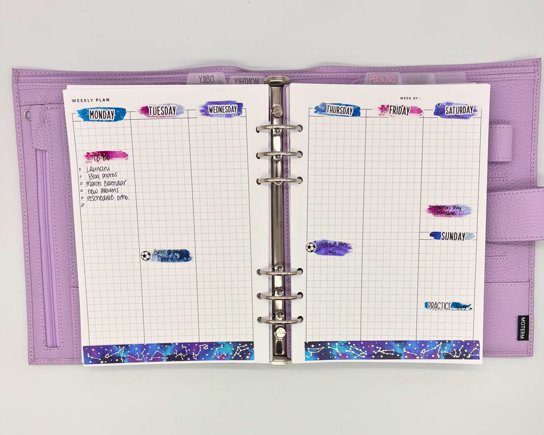 Weekly planner layout with brushstroke stickers used as date covers.