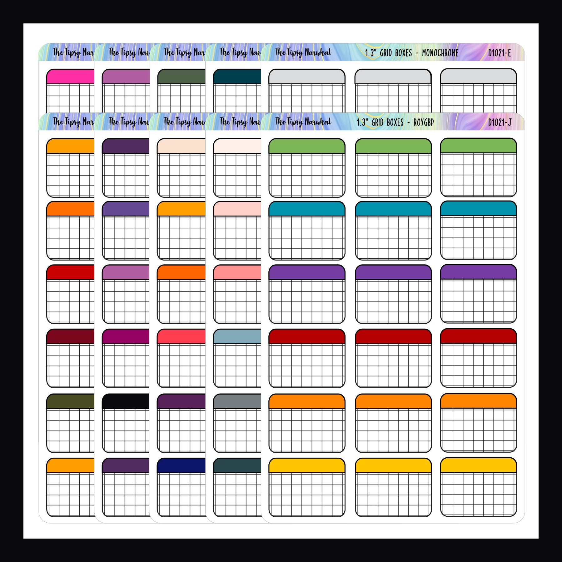 functional stickers 1.3 inch grid boxes all variants shown on a white background