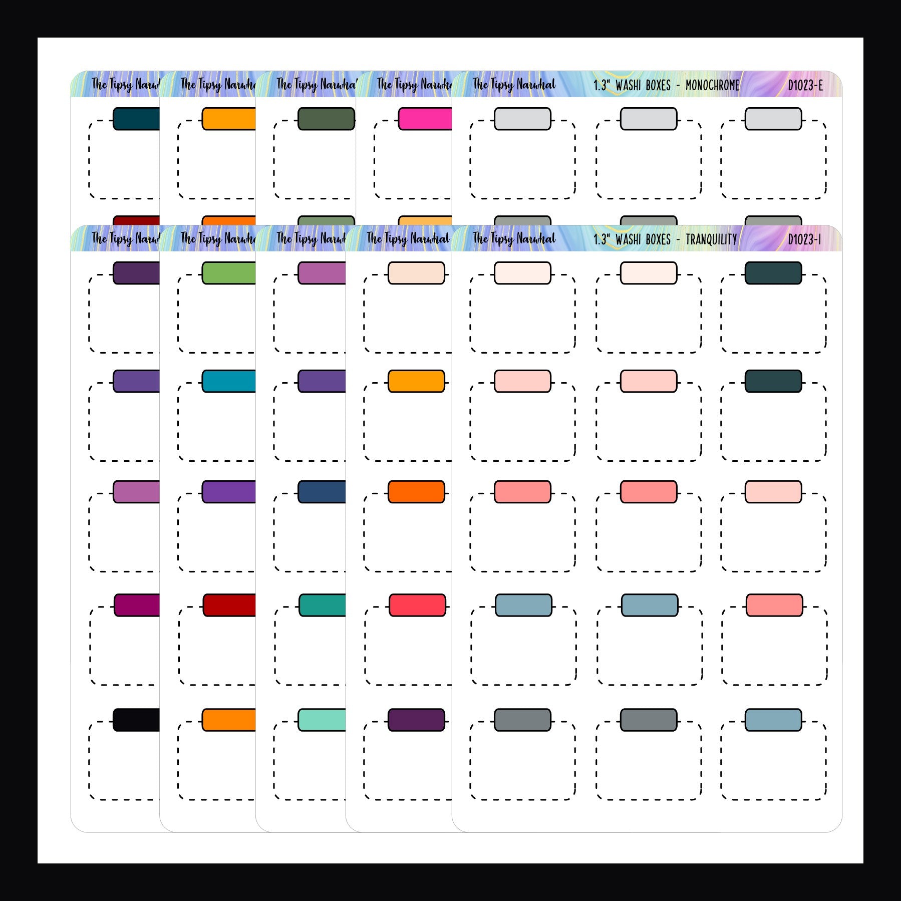 Functional Stickers - 1.3 Inch Washi Boxes all colors shown on a white background