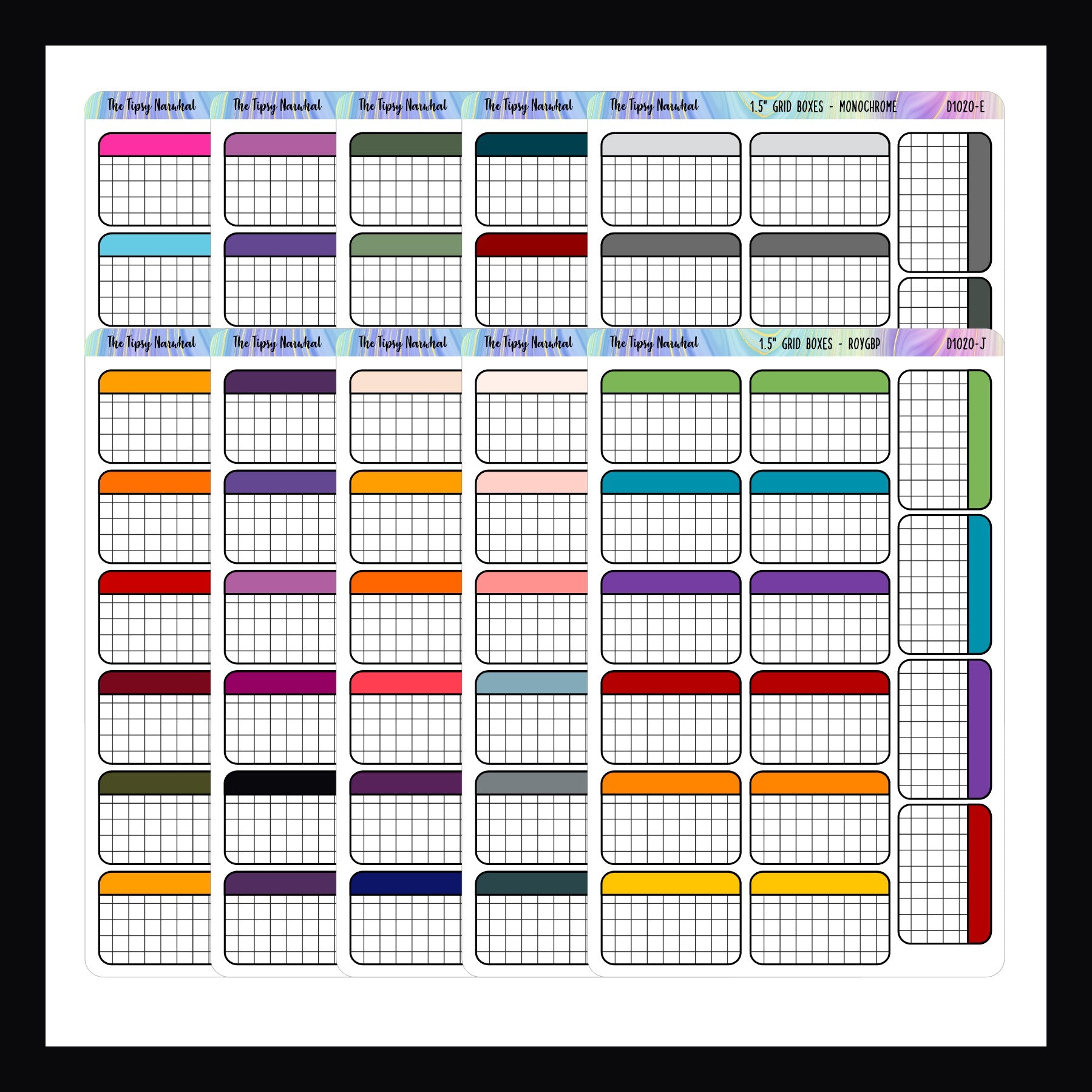 Functional Stickers - 1.5 inch grid boxes all variants shown on a white background.
