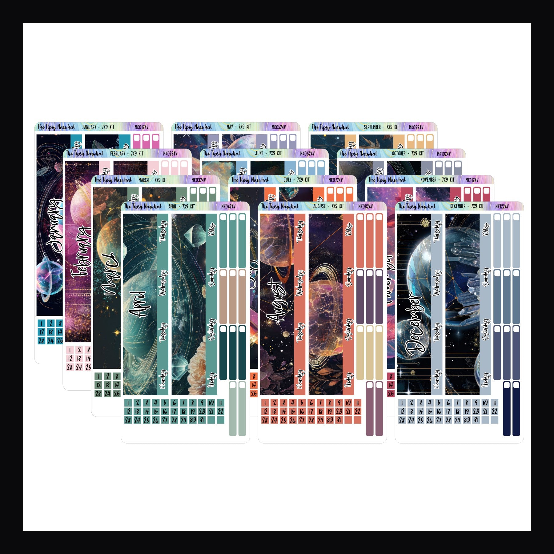 Set of 12 monthly sticker kits for 7x9 vertical planners.  