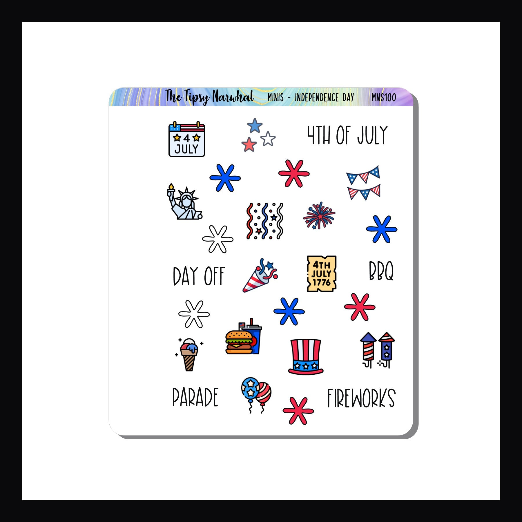 Mini Icon Sheets Independence Day is a 3.5 x 4" sticker sheet featuring mini patriotic icons.  Perfect for small format planners, monthly layouts and wall calendars  these small stickers pack a big punch.