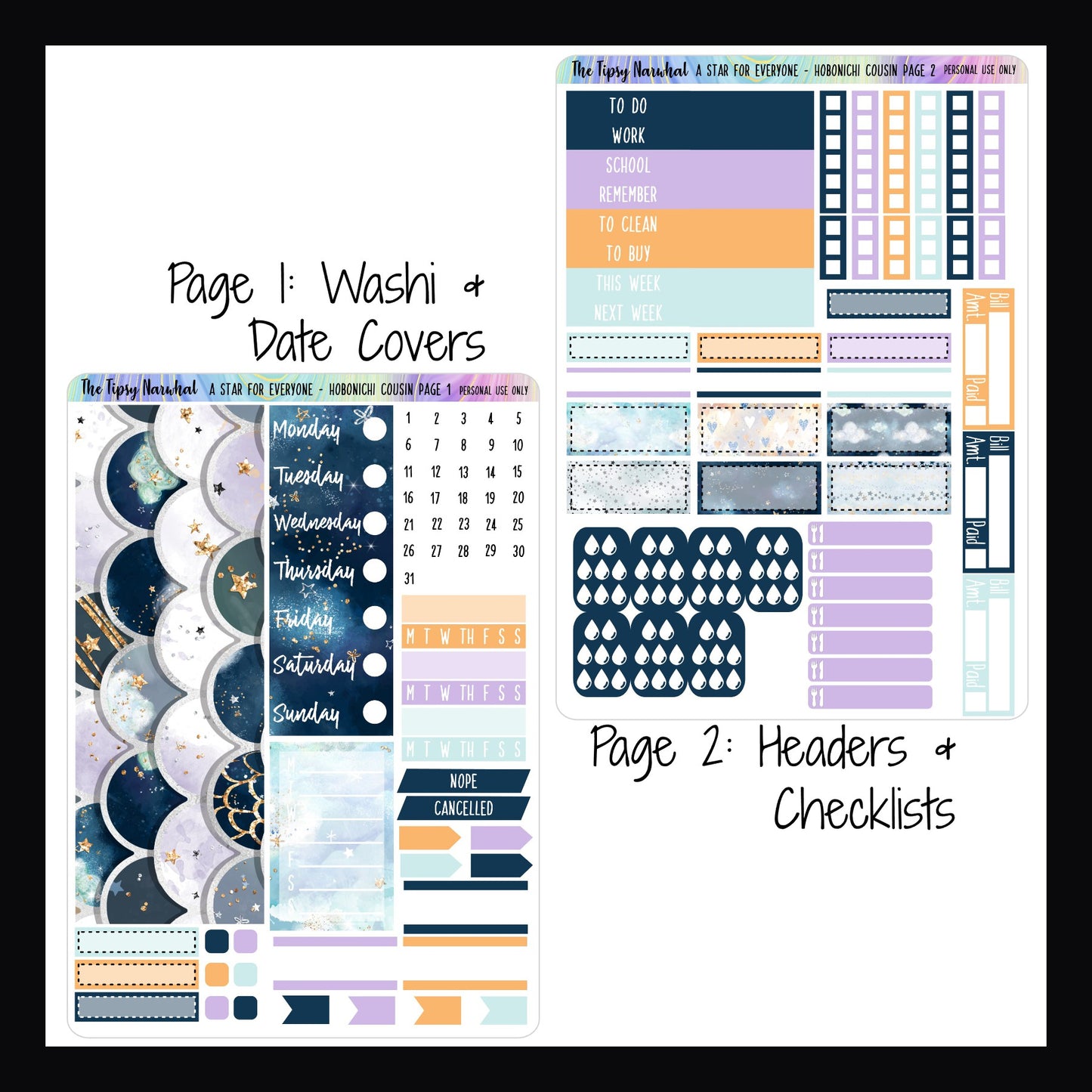 Digital A Star For Everyone Hobonichi Weeks Kit.  Page 1 features washi, date covers, habit trackers, and appointment stickers.  Page 2 features headers, checklist stickers, water tracking, meal tracking, bill tracking and appointment stickers.