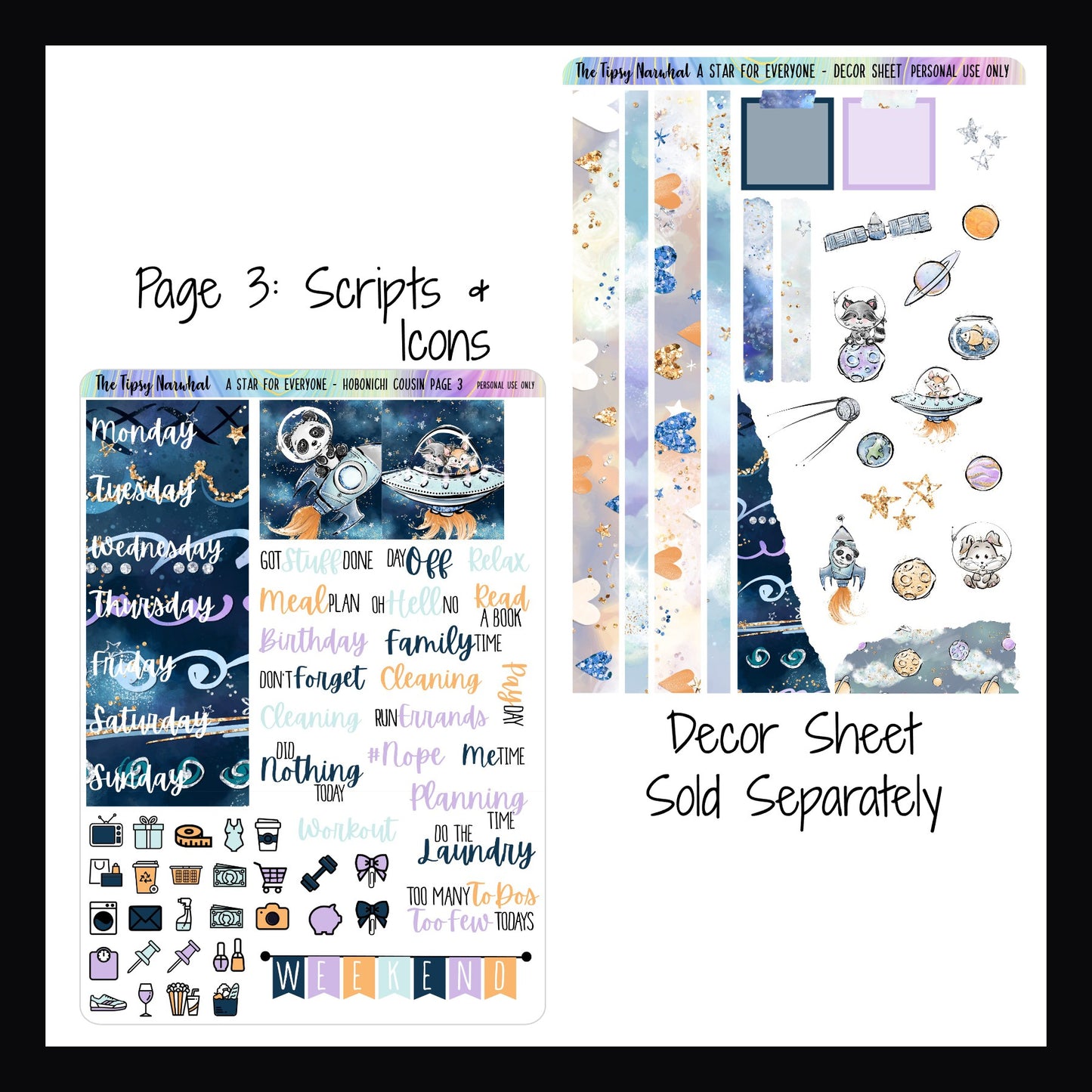 Digital A Star For Everyone Hobonichi Cousin Kit Page 3 features additional date covers, script stickers, weekend banner and daily icons.  The Decor sheet is sold separately and features various astronaut woodland animals.