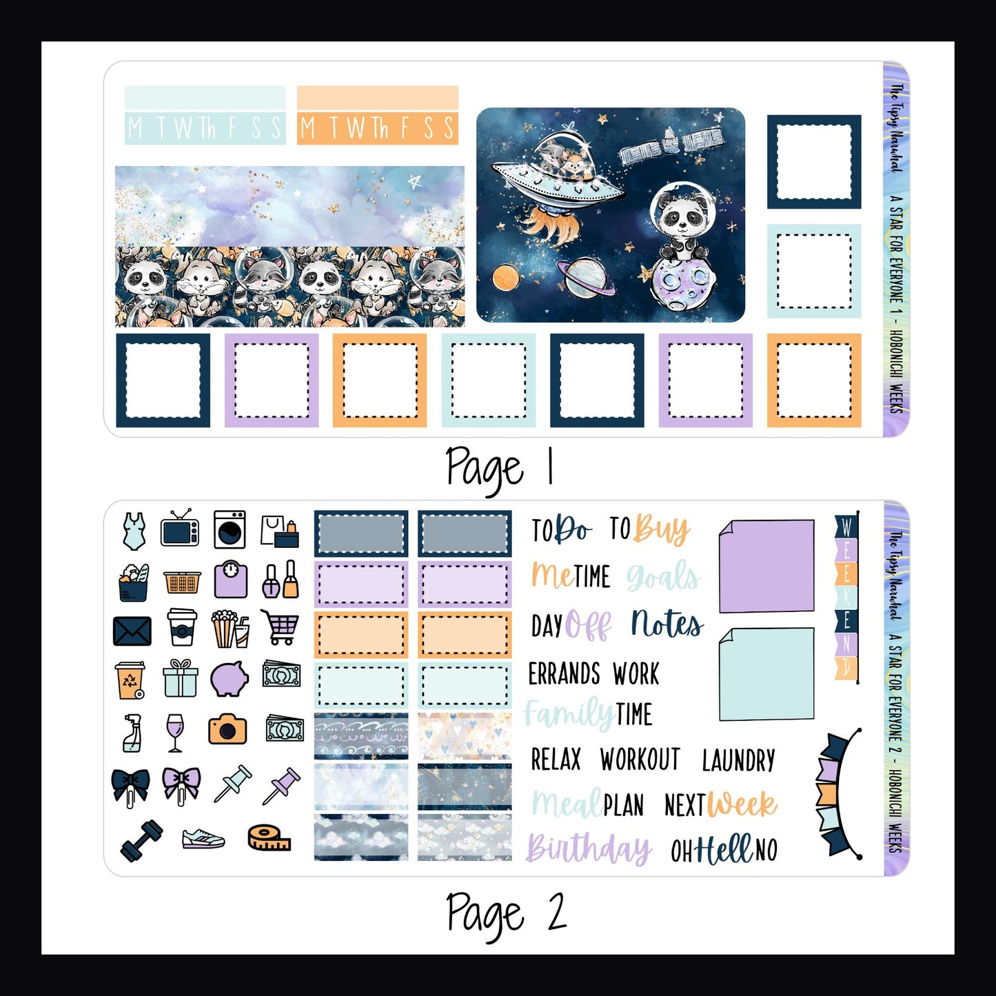 Digital A Star For Everyone Hobonichi Weeks Kit Page 1 features washi strips, habit trackers, box stickers and a large decor sticker. Page 2 features appointment stickers, daily icons, script stickers and weekend banner.