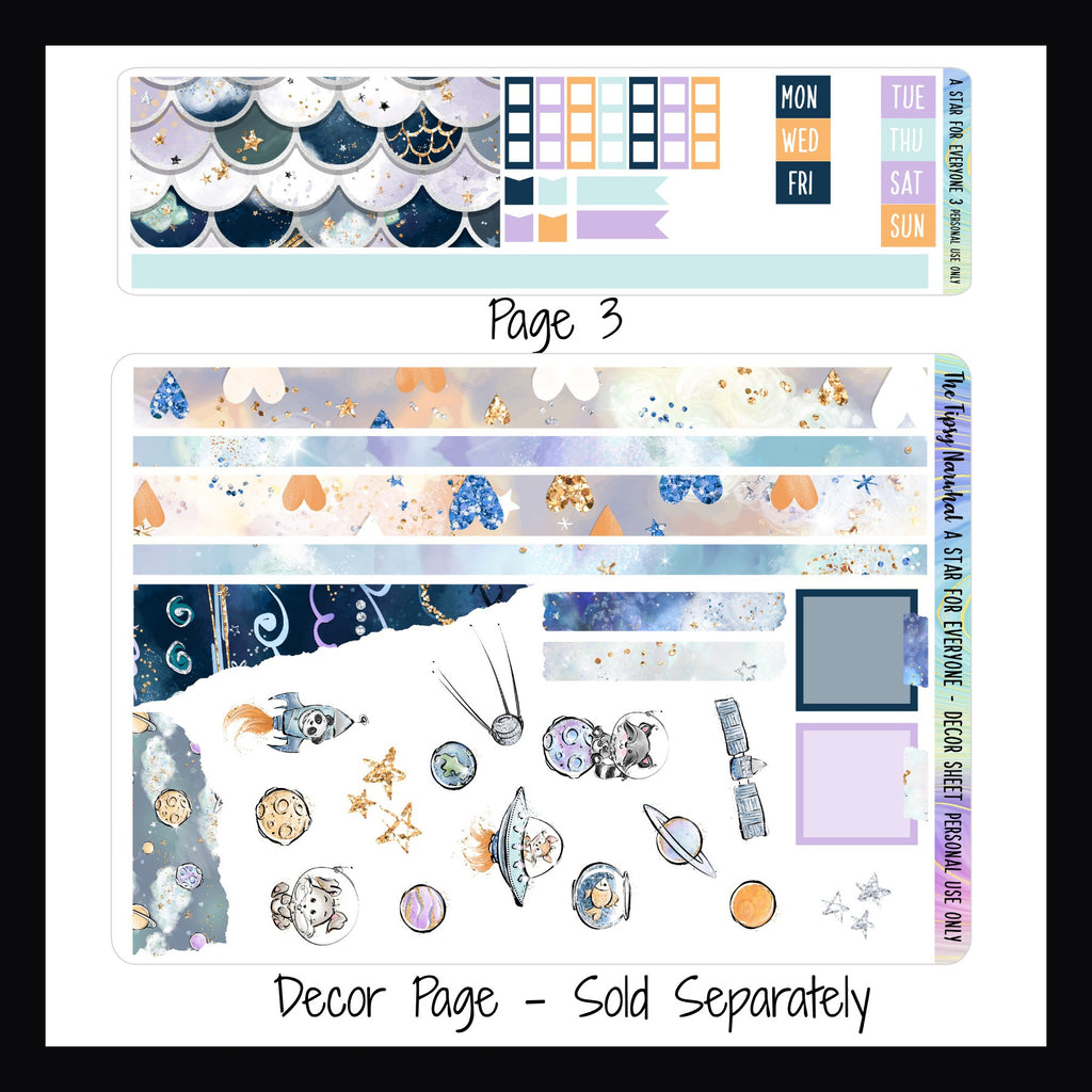 Digital A Star For Everyone Hobonichi Weeks Kit Page 3 features large washi, date covers, and checklist stickers.  The Decor page is sold separately and features multiple decor stickers 