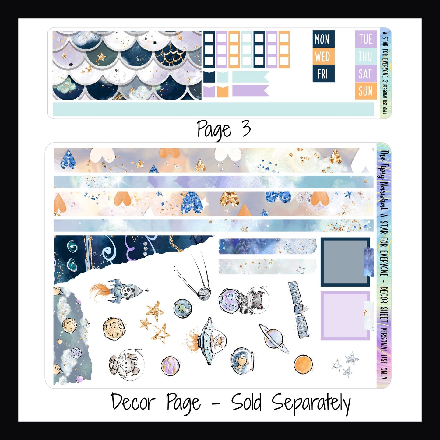 Digital A Star For Everyone Hobonichi Weeks Kit Page 3 features large washi, date covers, and checklist stickers.  The Decor page is sold separately and features multiple decor stickers 