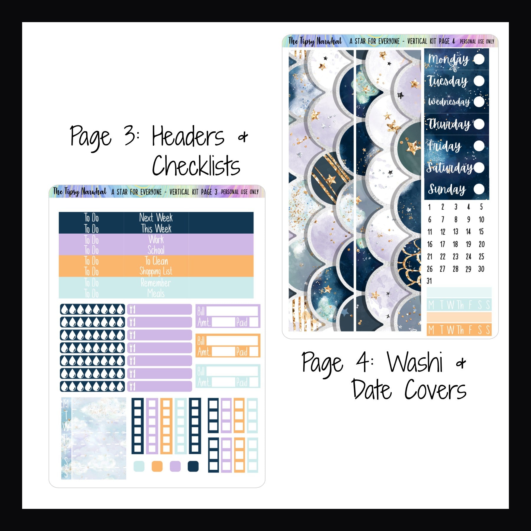 Digital A Star For Everyone Vertical Kit Pages 3 and 4.  Page 3 features water tracking, meal tracking, checklists, bill tracking and header stickers.  Page 4 features full sized washi, date covers and habit trackers.