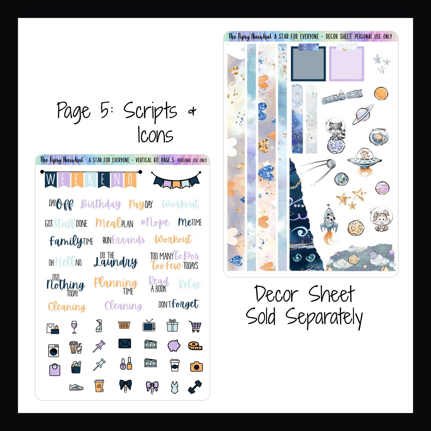 Digital A Star For Everyone Vertical Kit Page 5.  Features script stickers, daily icons, and weekend banner.  The Digital Decor Sheet is sold separately.