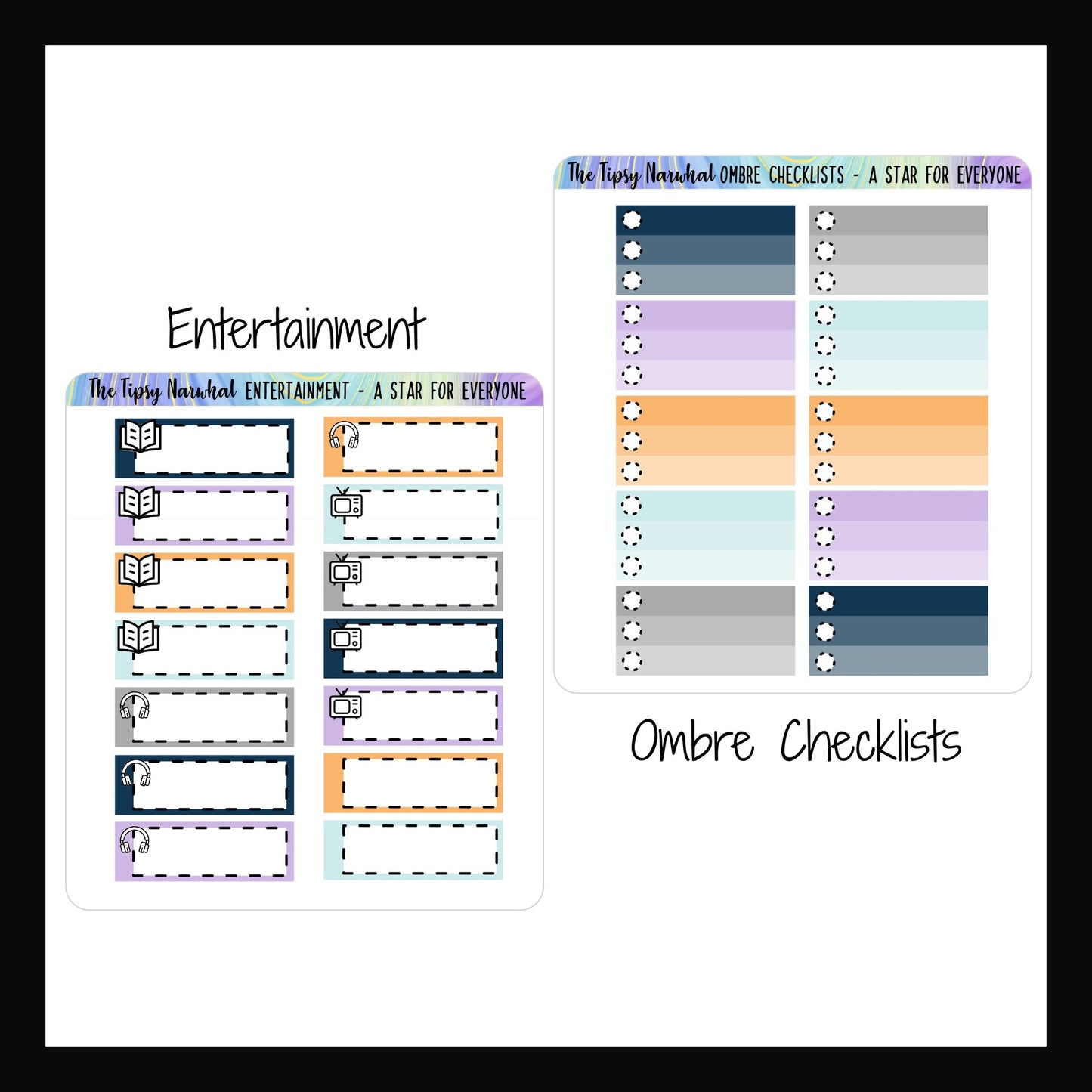 Digital A Star For Everyone Functional Add-ons sheets. Entertainment sticker sheet and Ombre Checklists sticker sheet.
