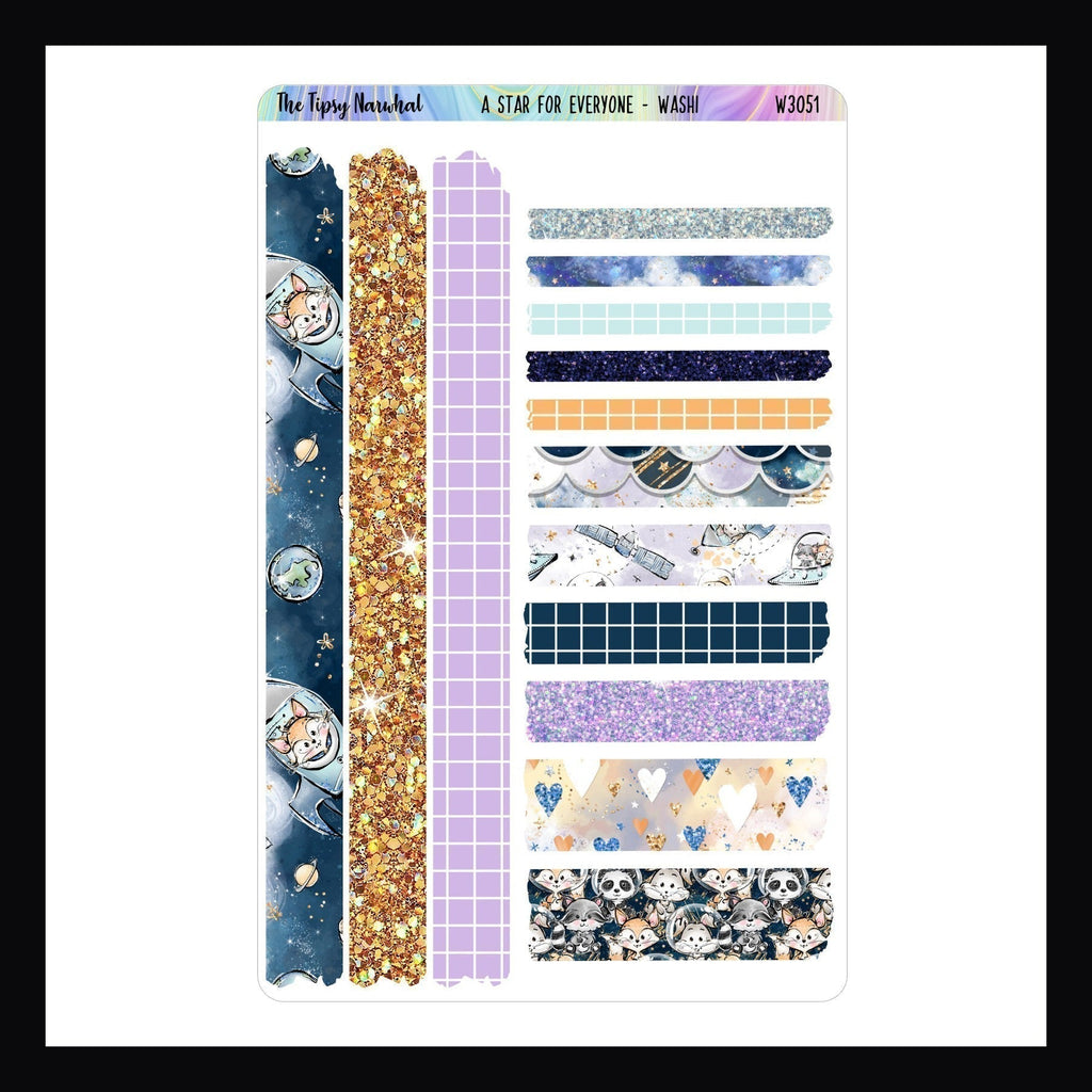 Washi Sticker Sheet - A Star For Everyone features 14 washi stickers in a space theme, shown here on a white background.