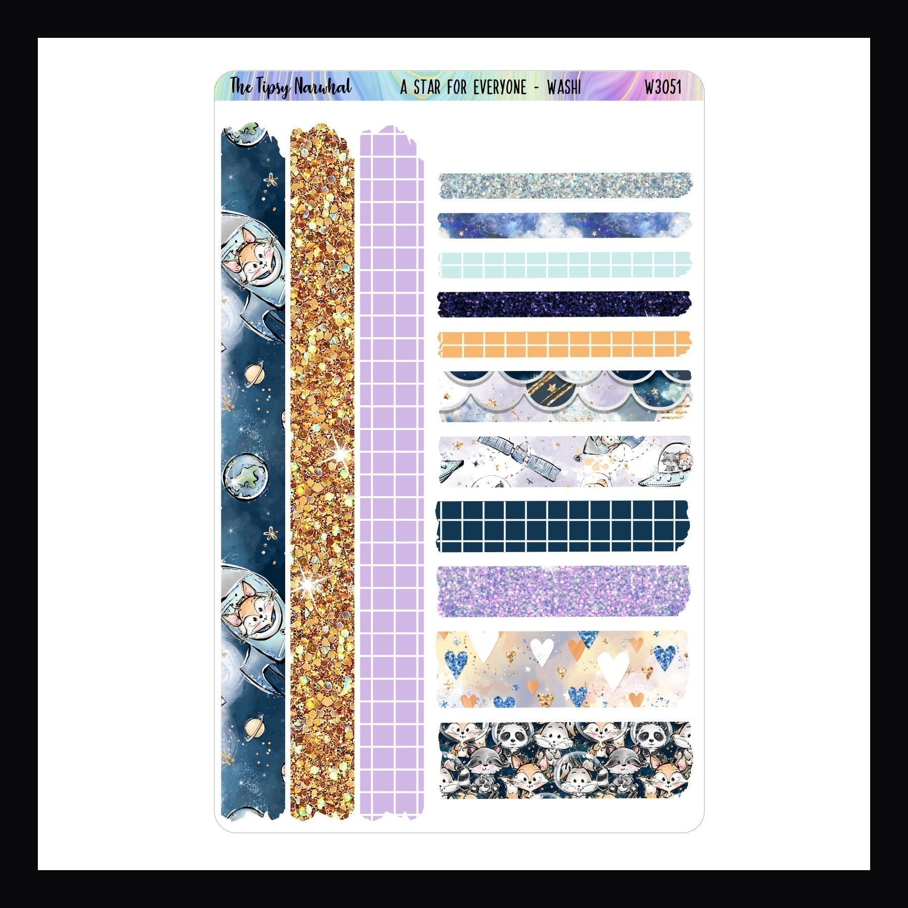 Washi Sticker Sheet - A Star For Everyone features 14 washi stickers in a space theme, shown here on a white background.