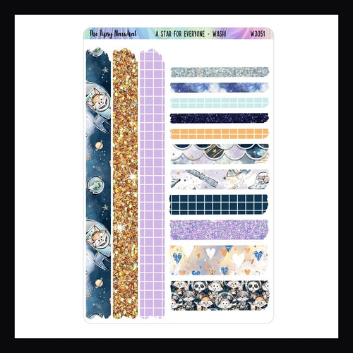 Washi Sticker Sheet - A Star For Everyone features 14 washi stickers in a space theme, shown here on a white background.