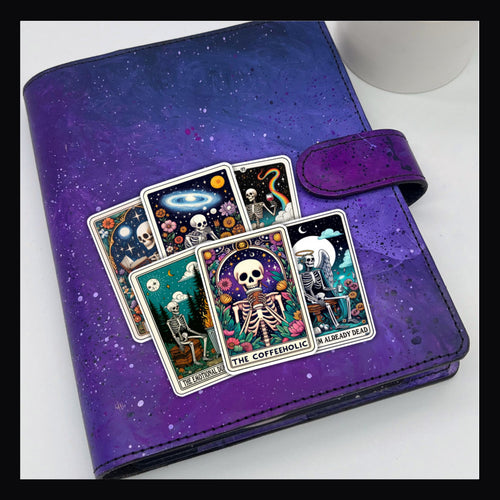Alternative Tarot Die Cuts set of 6 stickers shown on a purple planner. 