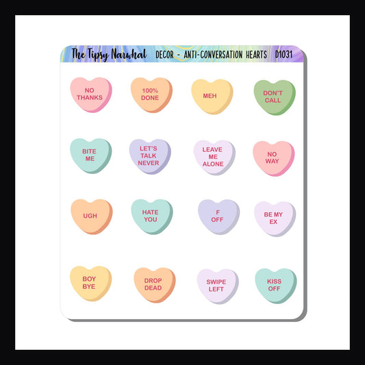 Anti-Conversation Hearts Decor Sheet. Set of 16 conversation heart candy stickers with a variety of anti-love messages. Perfect for planners and journals.