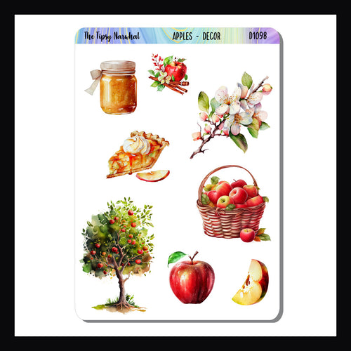 Apples Decor Sheet is a 3.5 x 5 inch sticker sheet with a variety of apple themed stickers. 