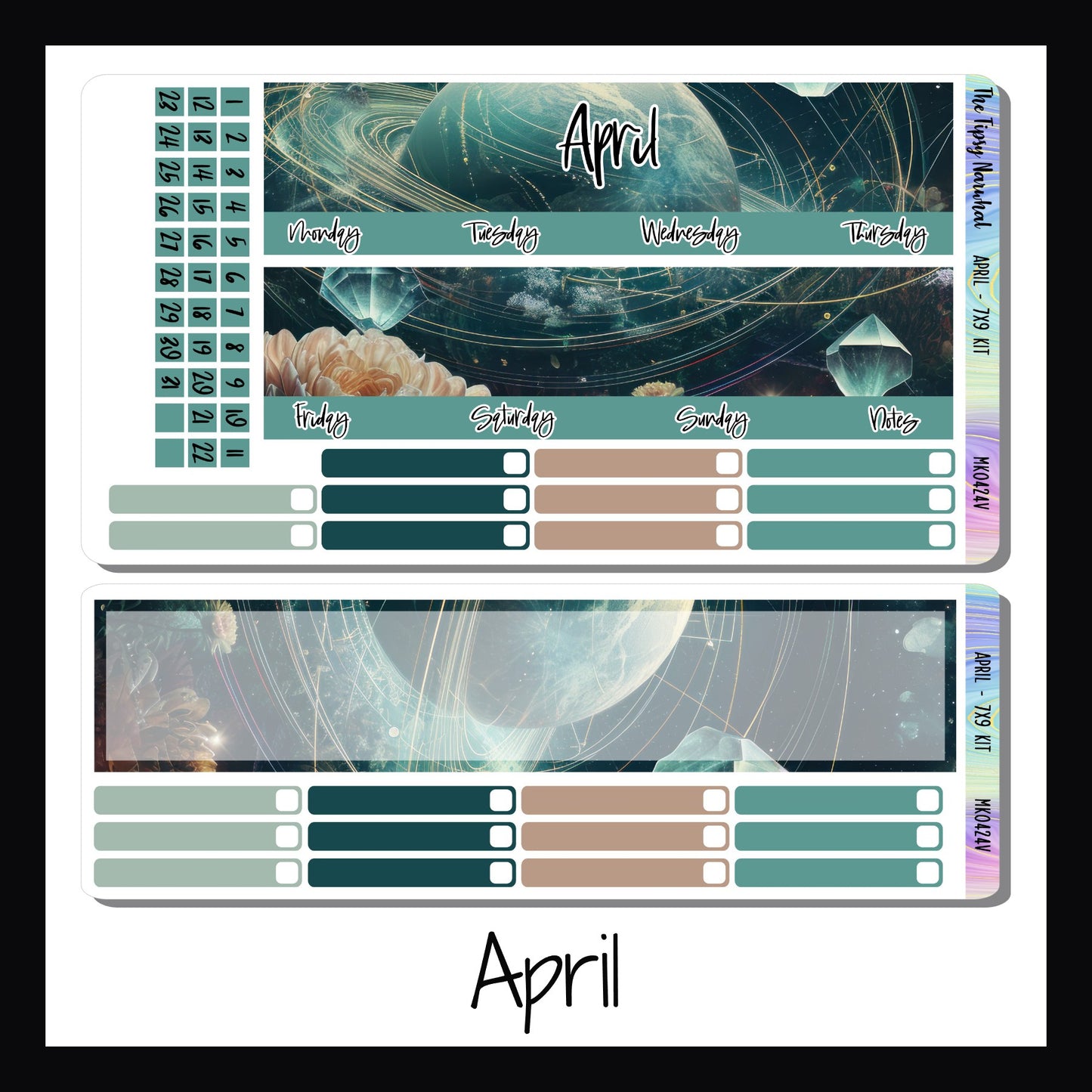 April monthly sticker kit for 7x9 vertical planners.  April design features blush florals over a diamond planet.  Colors include aqua blues, turquoise's, blush and gold.