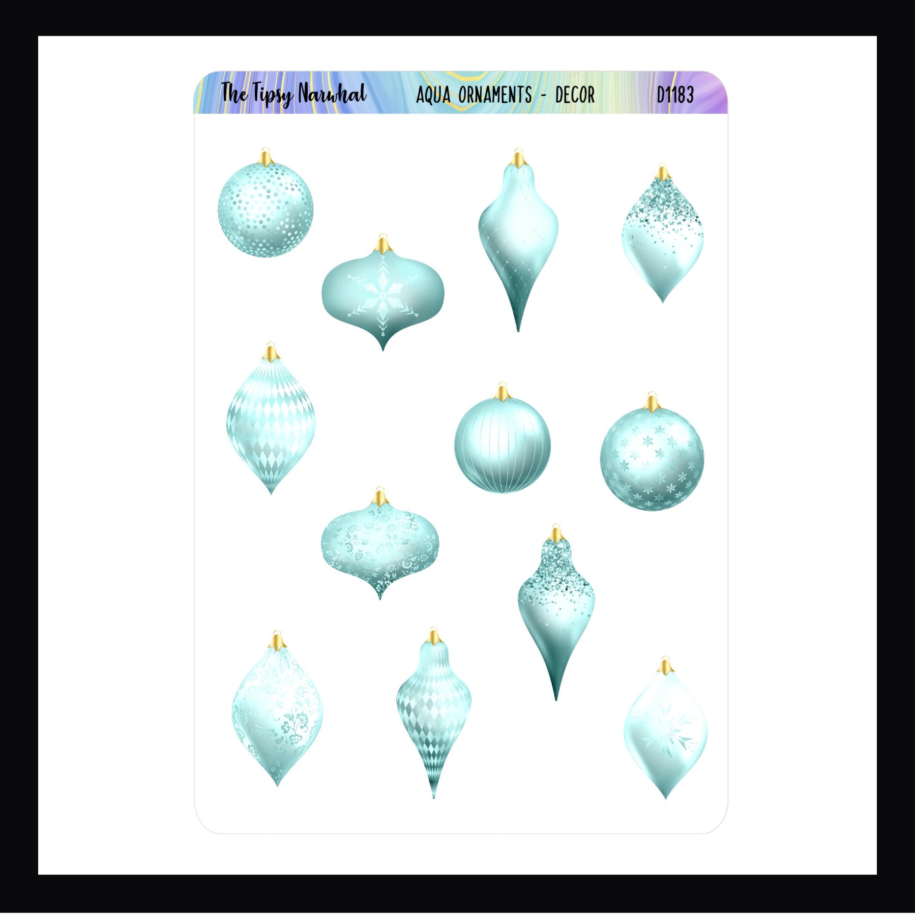 Aqua Ornaments Decor Sheet features 12 aqua colored ornaments in various styles. Shown on a white background. 
