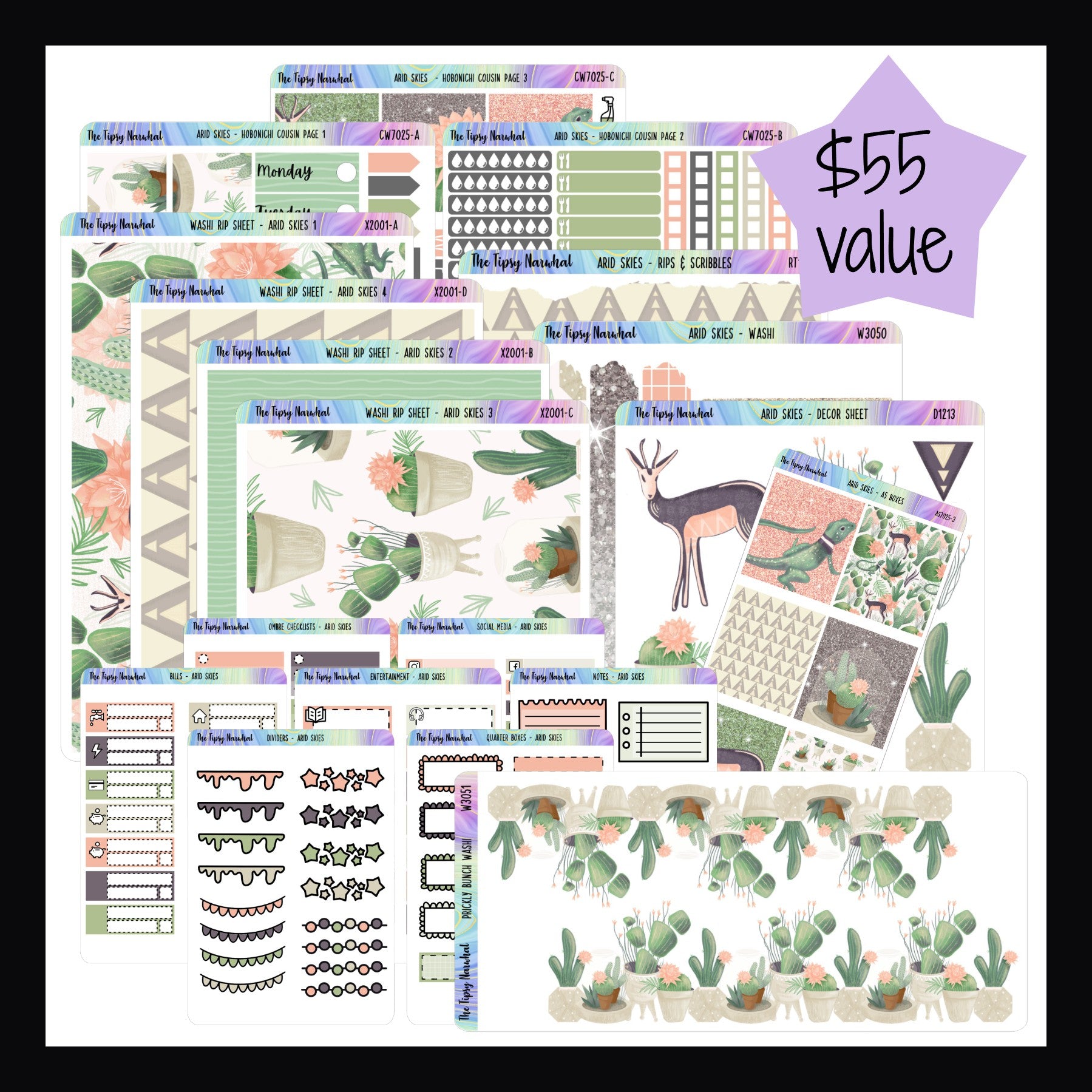 Collection of planner stickers with nature-themed designs and a price tag indicating a $55 value.