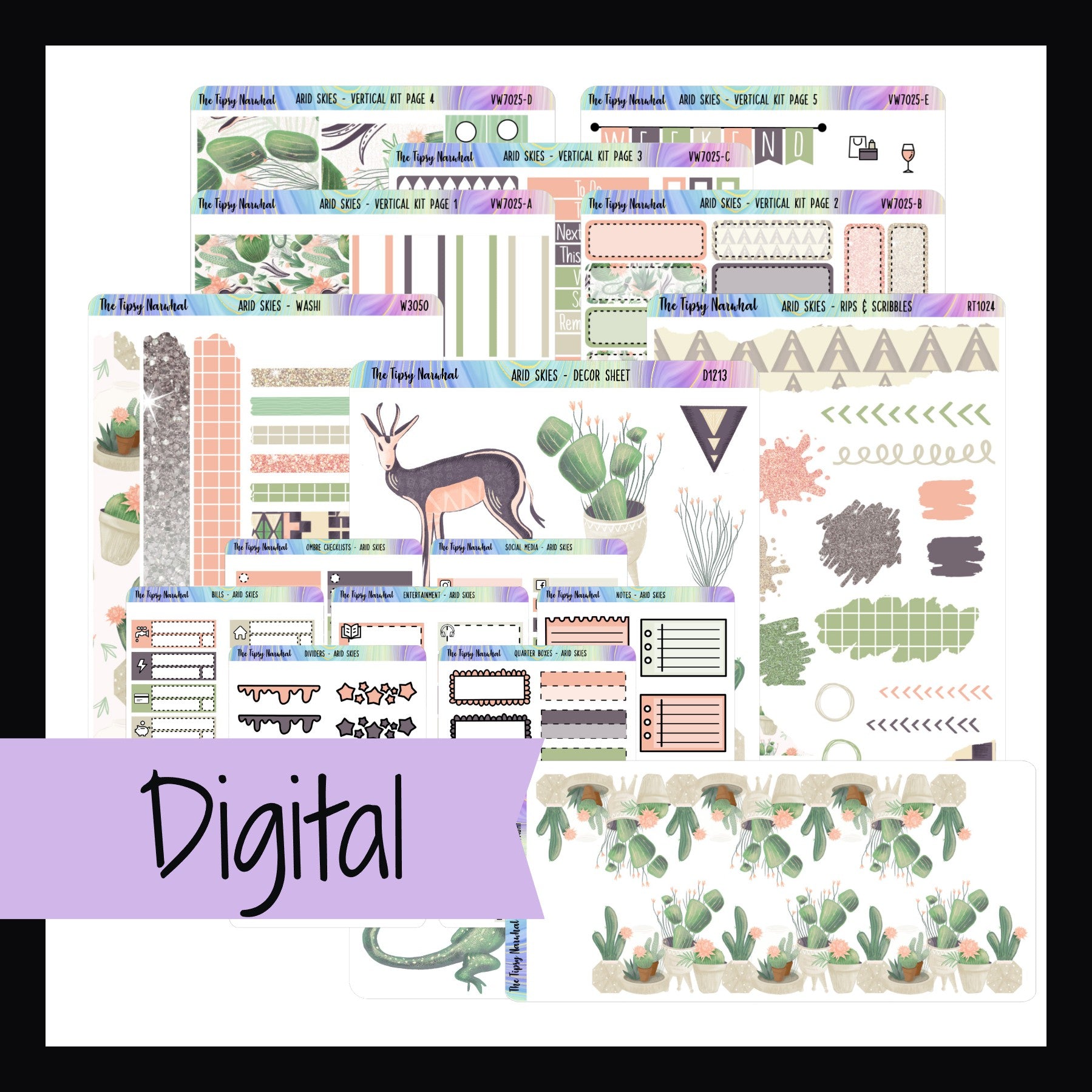 Collection of digital planner stickers with a desert theme on a white background.