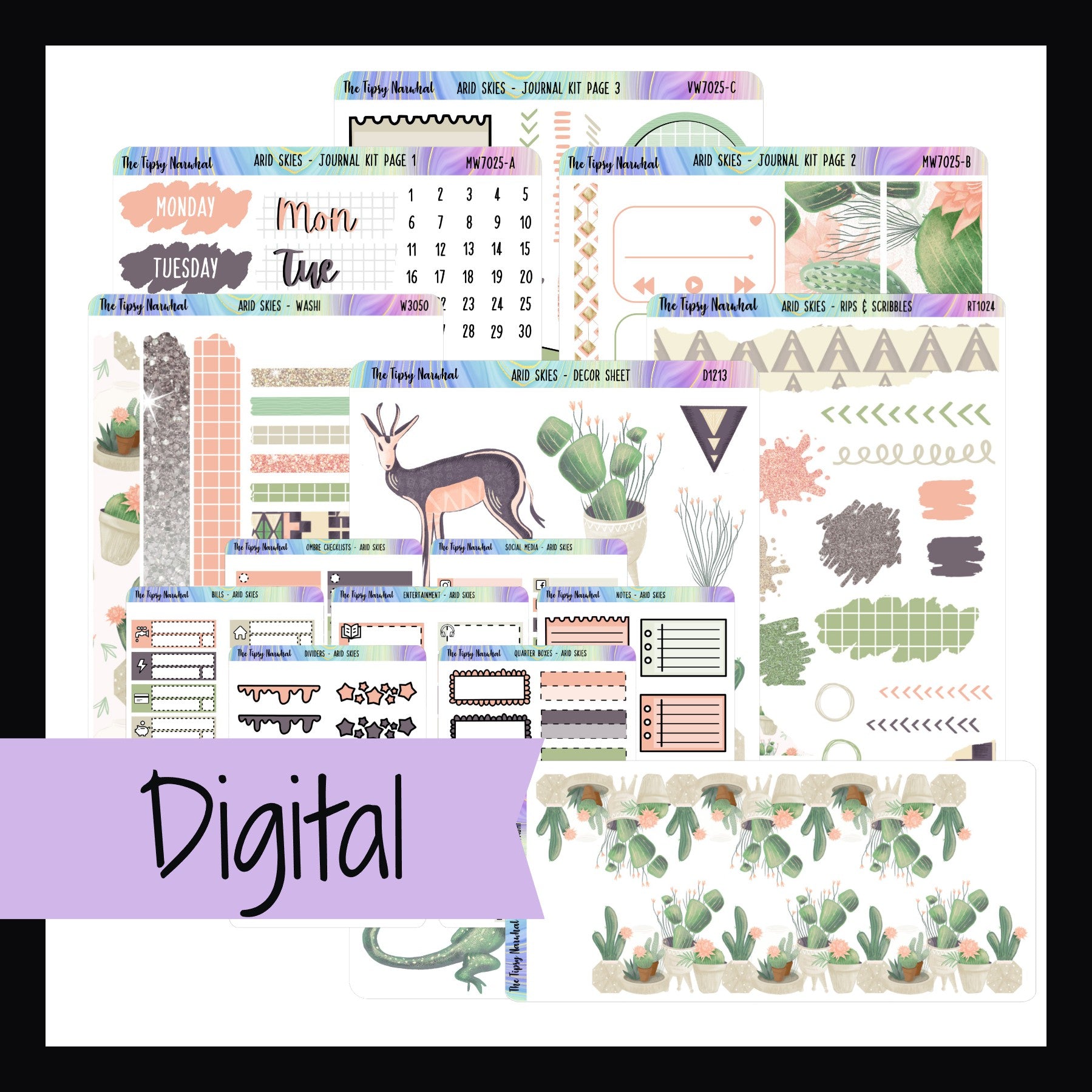 Collection of digital planner stickers with various designs on a white background.